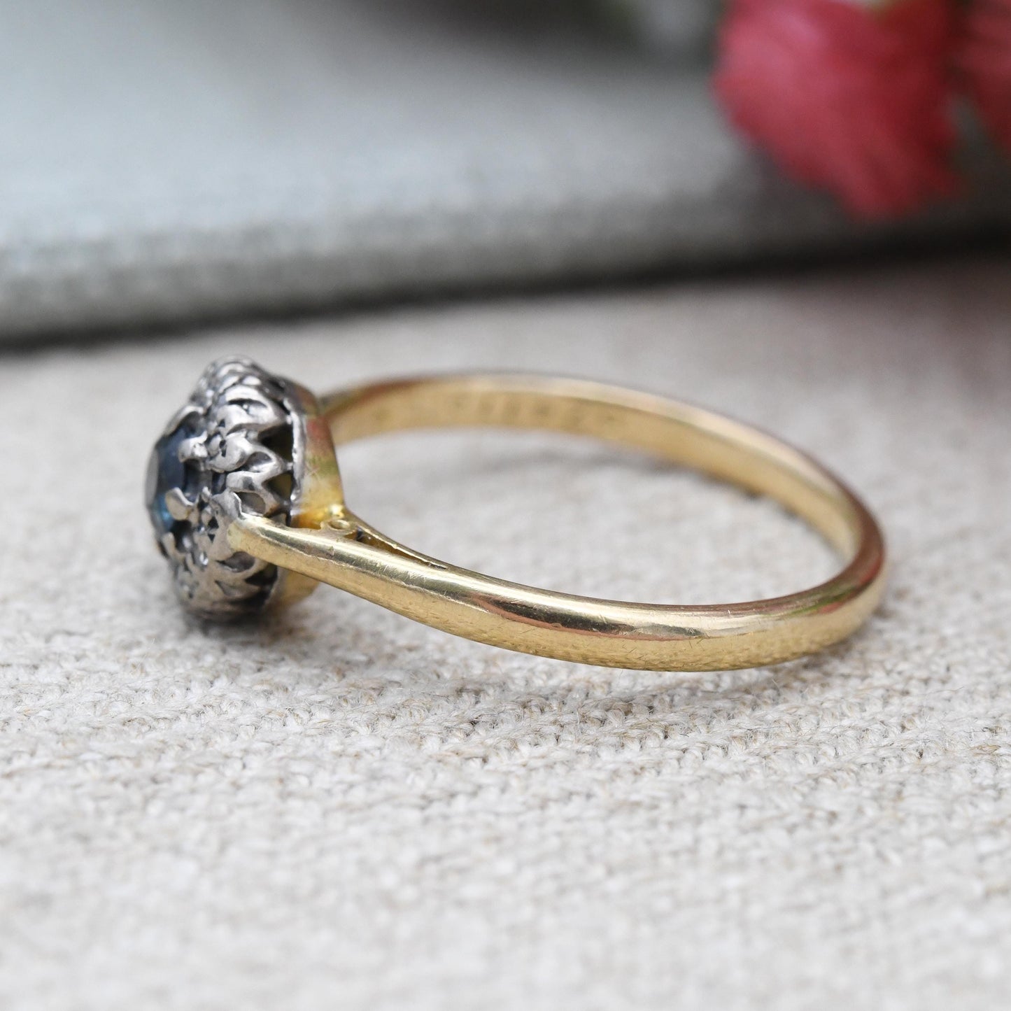 Vintage 18ct Gold Sapphire and Diamond Halo Ring 1994 - Blue Stone Engagement Ring | Yellow Gold Jewellery | UK Size - P 1/2 US Size - 7 3/4
