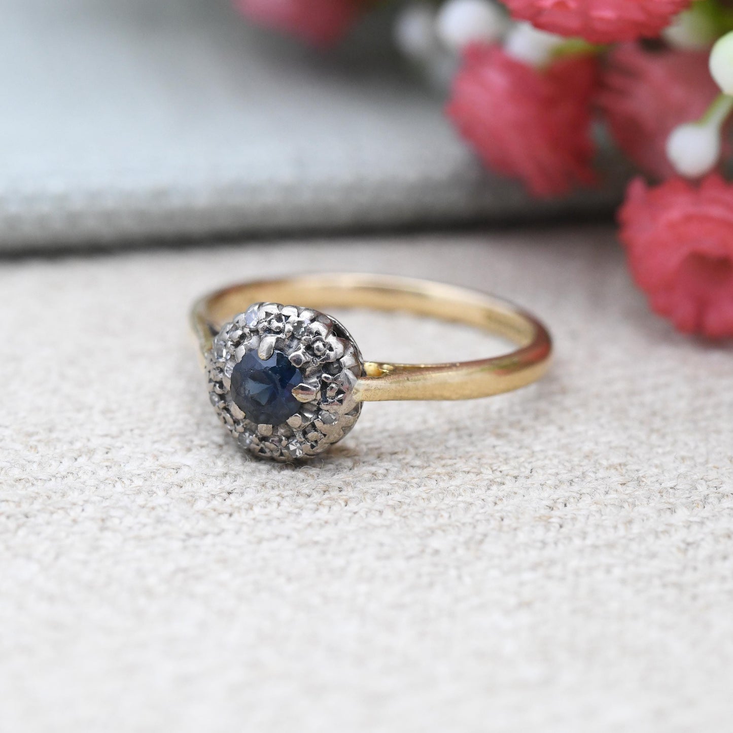 Vintage 18ct Gold Sapphire and Diamond Halo Ring 1994 - Blue Stone Engagement Ring | Yellow Gold Jewellery | UK Size - P 1/2 US Size - 7 3/4