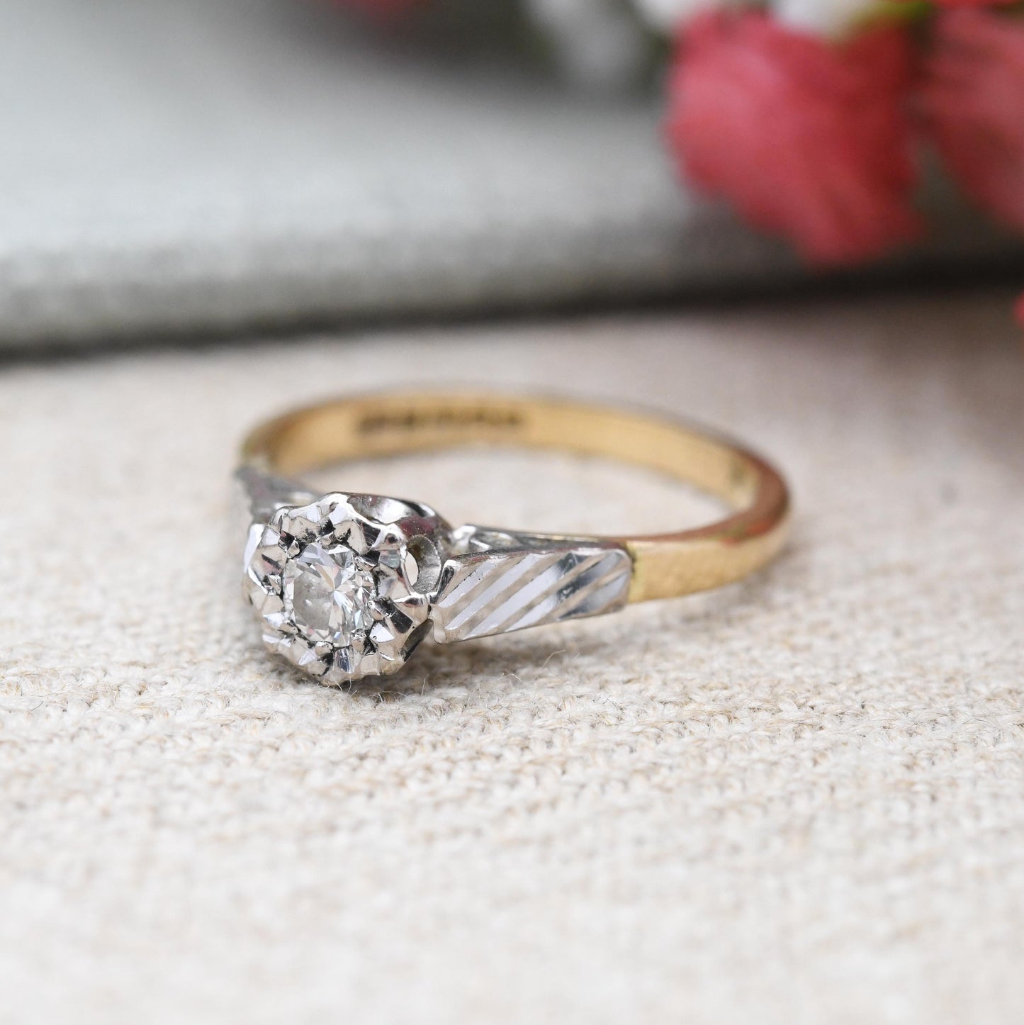 Vintage 18ct Gold Diamond Solitaire Ring 1970 White Illusion Setting - Two Tone Cathedral Set Engagement Ring | UK Size - K US Size - 5 1/4