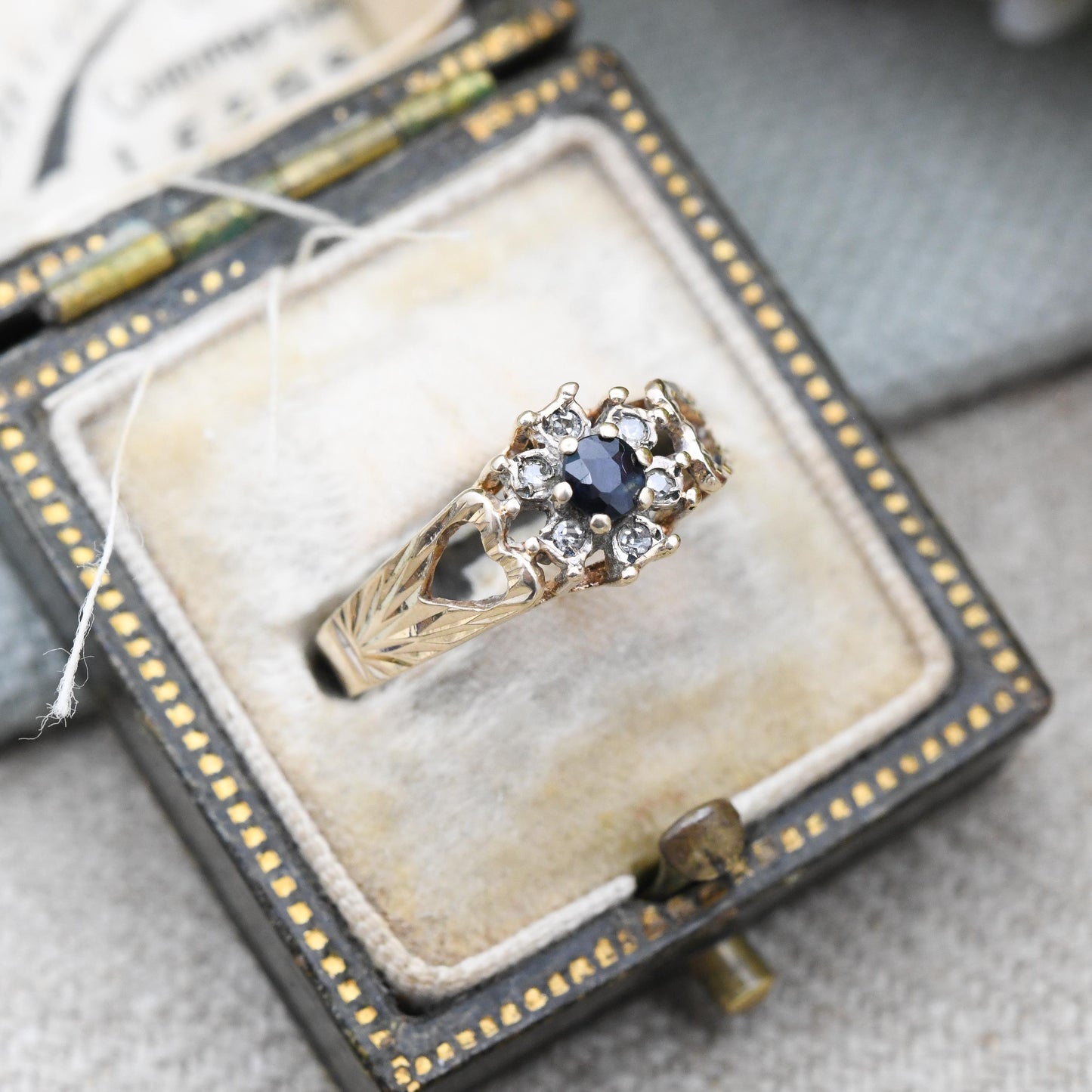 Vintage 9ct Gold Diamond and Sapphire Floral Cluster Ring 1978 with Open Heart Shoulders - Deep Blue | Small UK Size - K | US Size - 5 1/4
