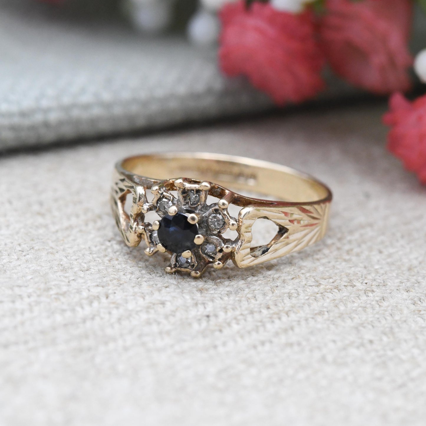 Vintage 9ct Gold Diamond and Sapphire Floral Cluster Ring 1978 with Open Heart Shoulders - Deep Blue | Small UK Size - K | US Size - 5 1/4