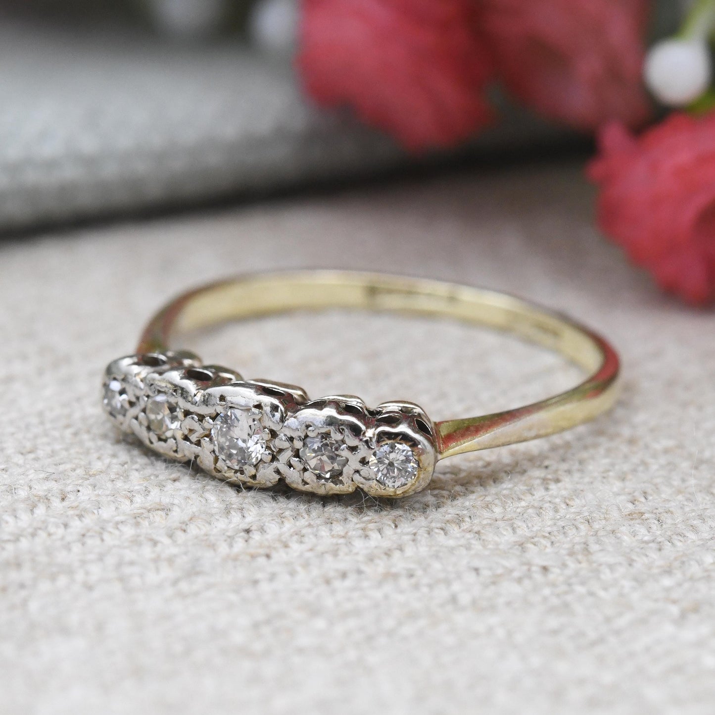 Vintage Diamond Ring 18ct Gold and Platinum Graduated Five Stone c. 1920s - Art Deco Era Engagement Ring | UK Size - R | US Size - 8 1/2