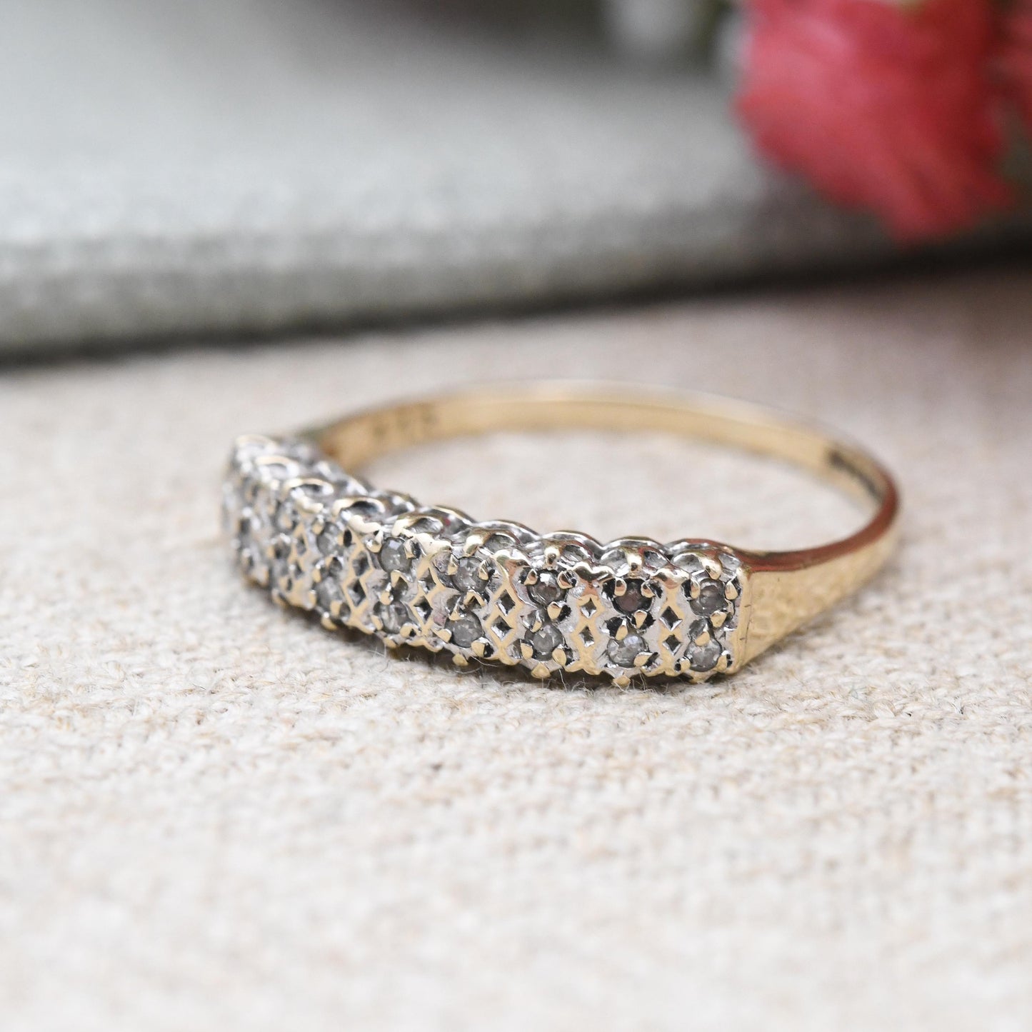 Vintage 9ct Gold and Diamond Half Eternity Ring 1989 - Flush Stones Double Row Hoop Ring Diamond Ring Stack Gift | UK Size - O | US Size - 7