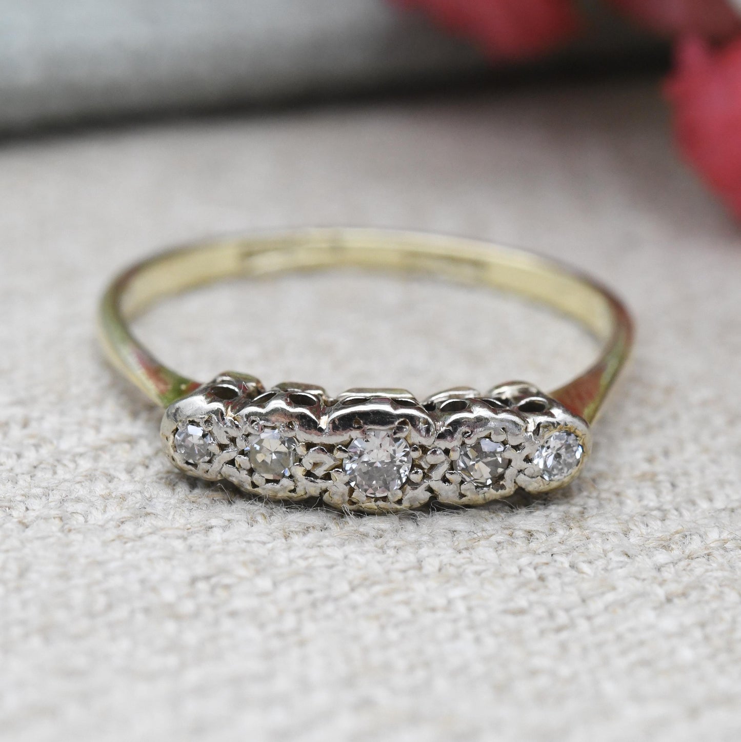 Vintage Diamond Ring 18ct Gold and Platinum Graduated Five Stone c. 1920s - Art Deco Era Engagement Ring | UK Size - R | US Size - 8 1/2