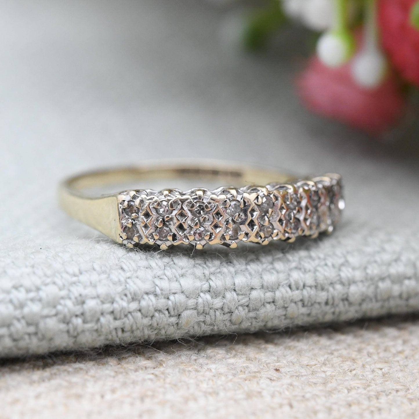 Vintage 9ct Gold and Diamond Half Eternity Ring 1989 - Flush Stones Double Row Hoop Ring Diamond Ring Stack Gift | UK Size - O | US Size - 7