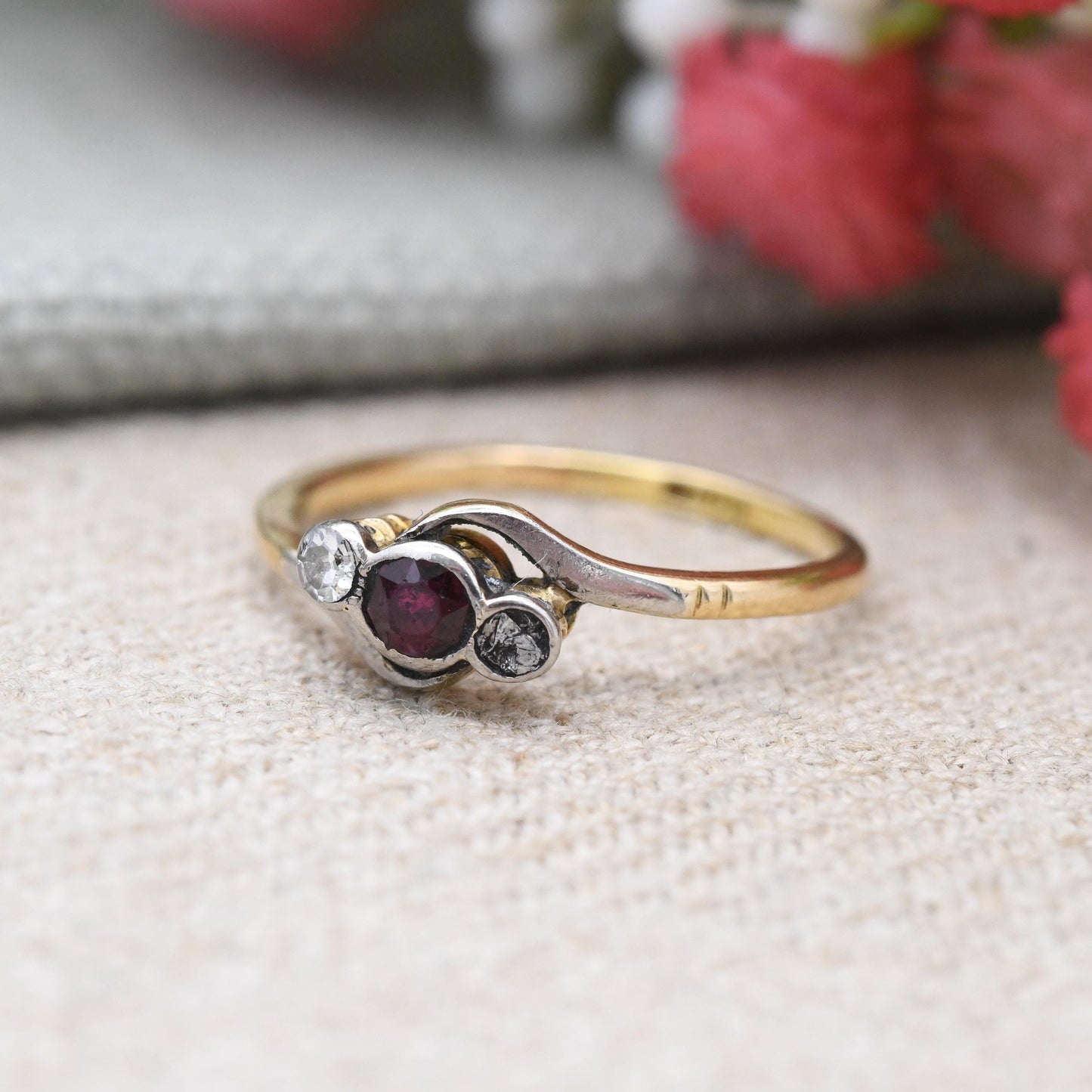 Antique 18ct Gold Ruby and Diamond Ring c. 1910 Three Stone Twist - Delicate Jewellery | Anniversary Gift | UK Size - M | US Size - 6 1/4