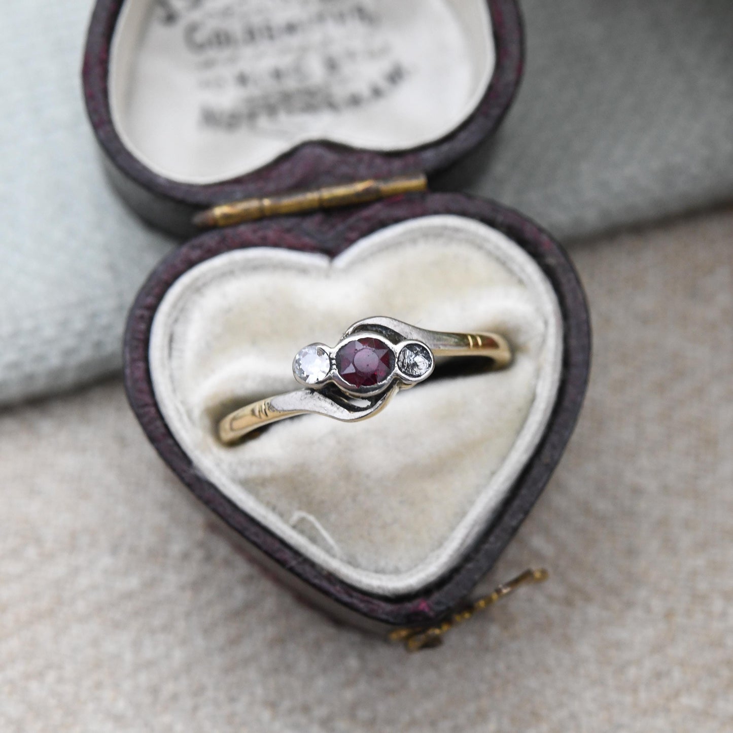 Antique 18ct Gold Ruby and Diamond Ring c. 1910 Three Stone Twist - Delicate Jewellery | Anniversary Gift | UK Size - M | US Size - 6 1/4