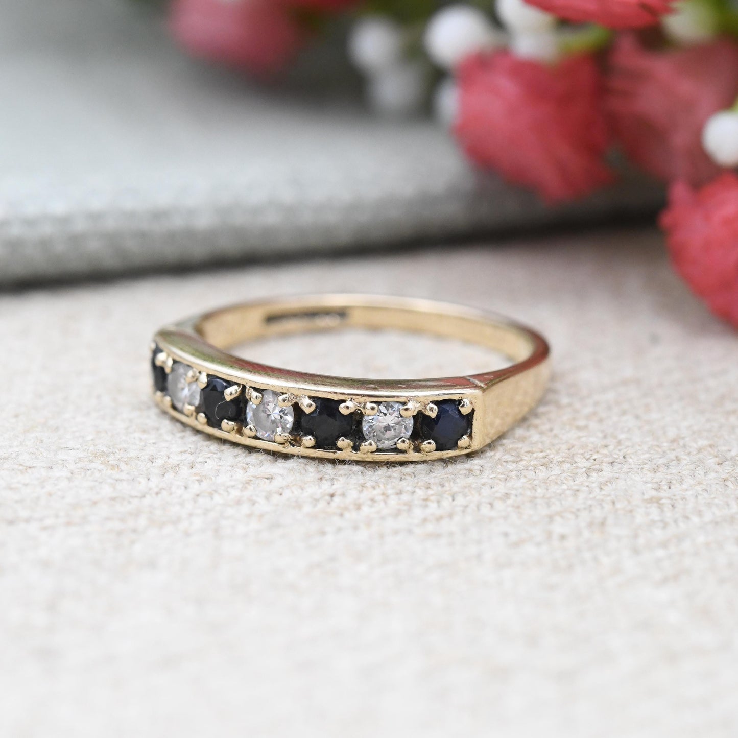 Vintage 9ct Gold Sapphire and CZ Half Eternity Ring 1990 - Half Hoop Alternate Blue White Gem Stacking Ring | UK Size - P | US Size - 7 3/4