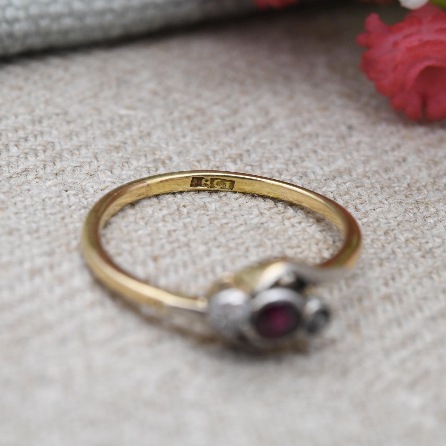 Antique 18ct Gold Ruby and Diamond Ring c. 1910 Three Stone Twist - Delicate Jewellery | Anniversary Gift | UK Size - M | US Size - 6 1/4