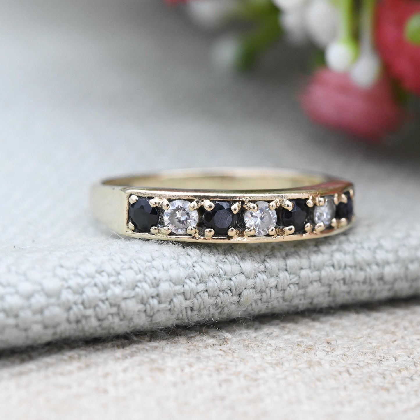 Vintage 9ct Gold Sapphire and CZ Half Eternity Ring 1990 - Half Hoop Alternate Blue White Gem Stacking Ring | UK Size - P | US Size - 7 3/4