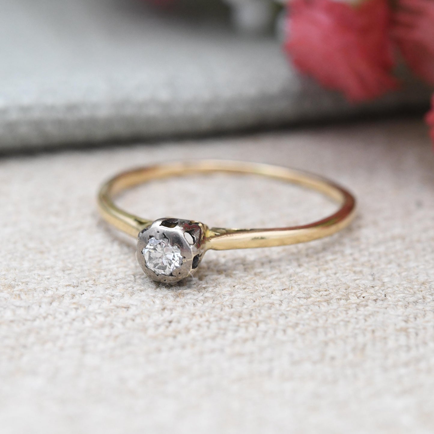 Vintage 18ct Gold Diamond Solitaire Ring Illusion Setting - Delicate Placeholder Engagement White Front | UK Size - P | US Size - 7 3/4