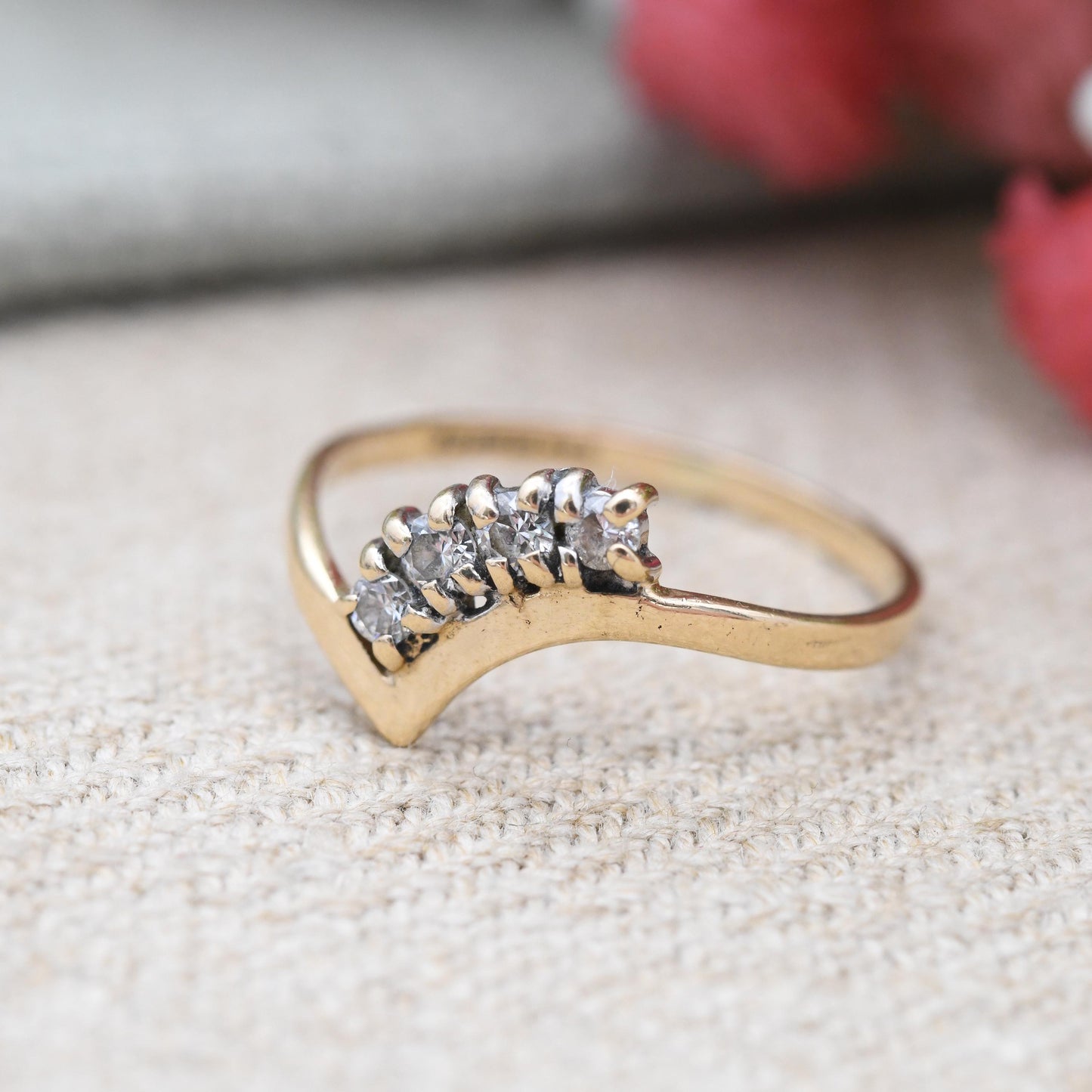 Vintage 9ct Gold Wishbone Ring with CZ Stones 1985 Slade and Kempton S&K - Yellow Gold V Shaped Band Ring | UK Size - L 1/2 | US Size - 6