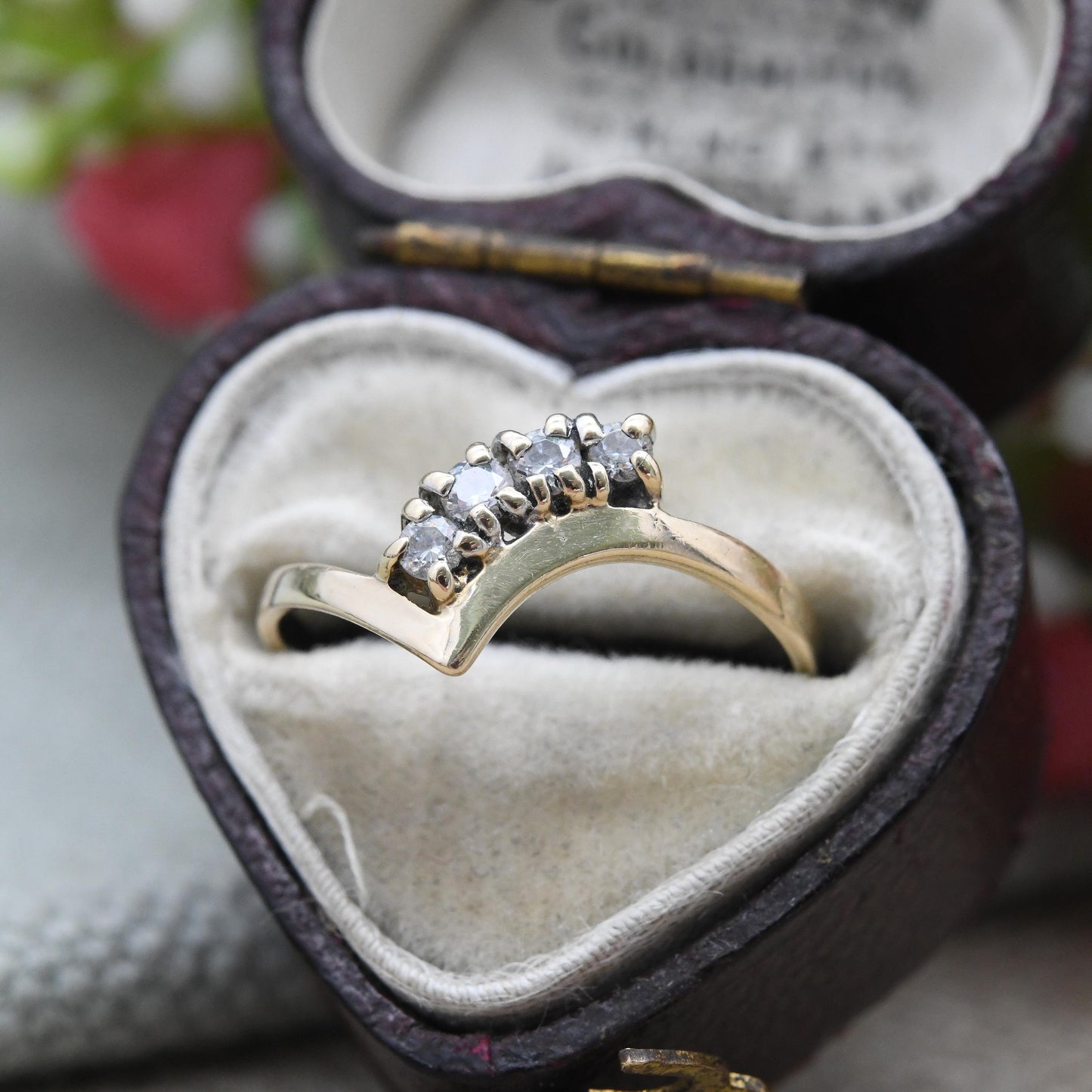 Vintage 9ct Gold Wishbone Ring with CZ Stones 1985 Slade and Kempton S&K - Yellow Gold V Shaped Band Ring | UK Size - L 1/2 | US Size - 6