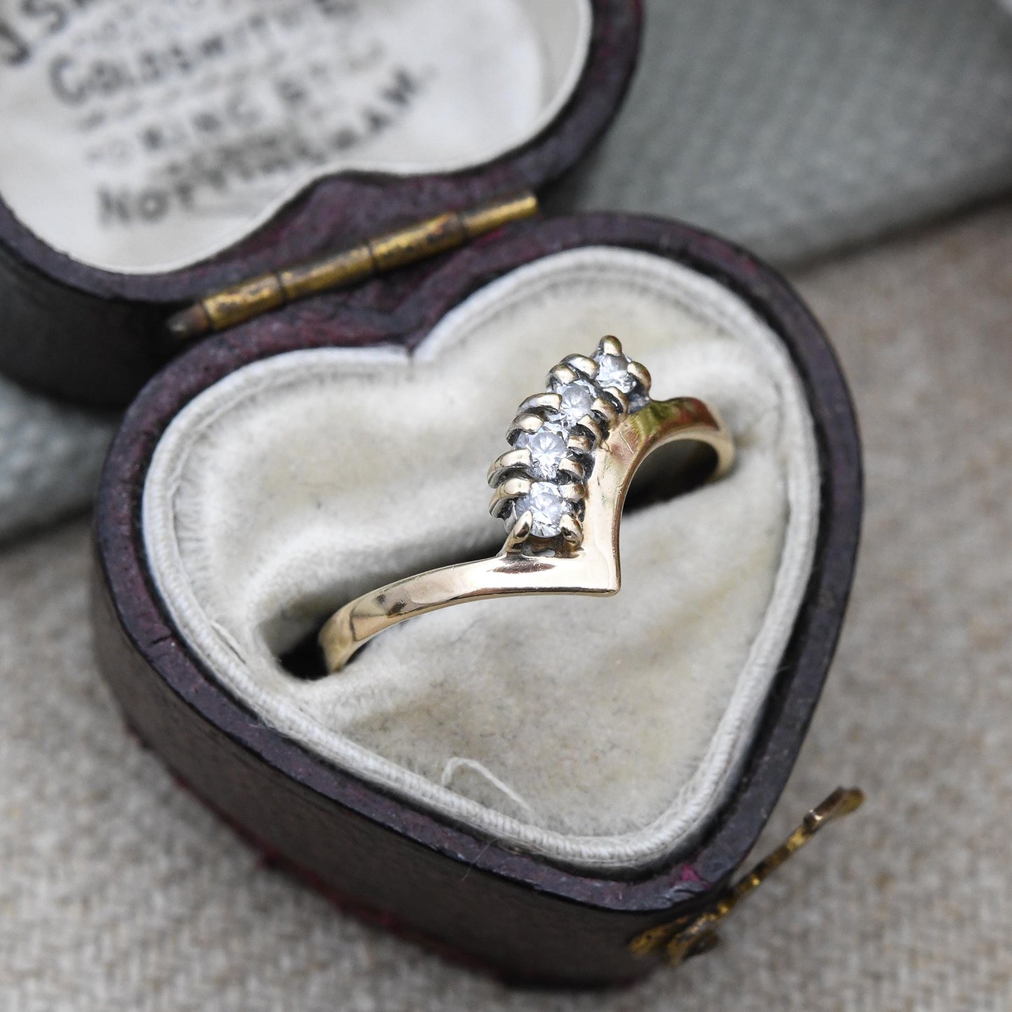 Vintage 9ct Gold Wishbone Ring with CZ Stones 1985 Slade and Kempton S&K - Yellow Gold V Shaped Band Ring | UK Size - L 1/2 | US Size - 6