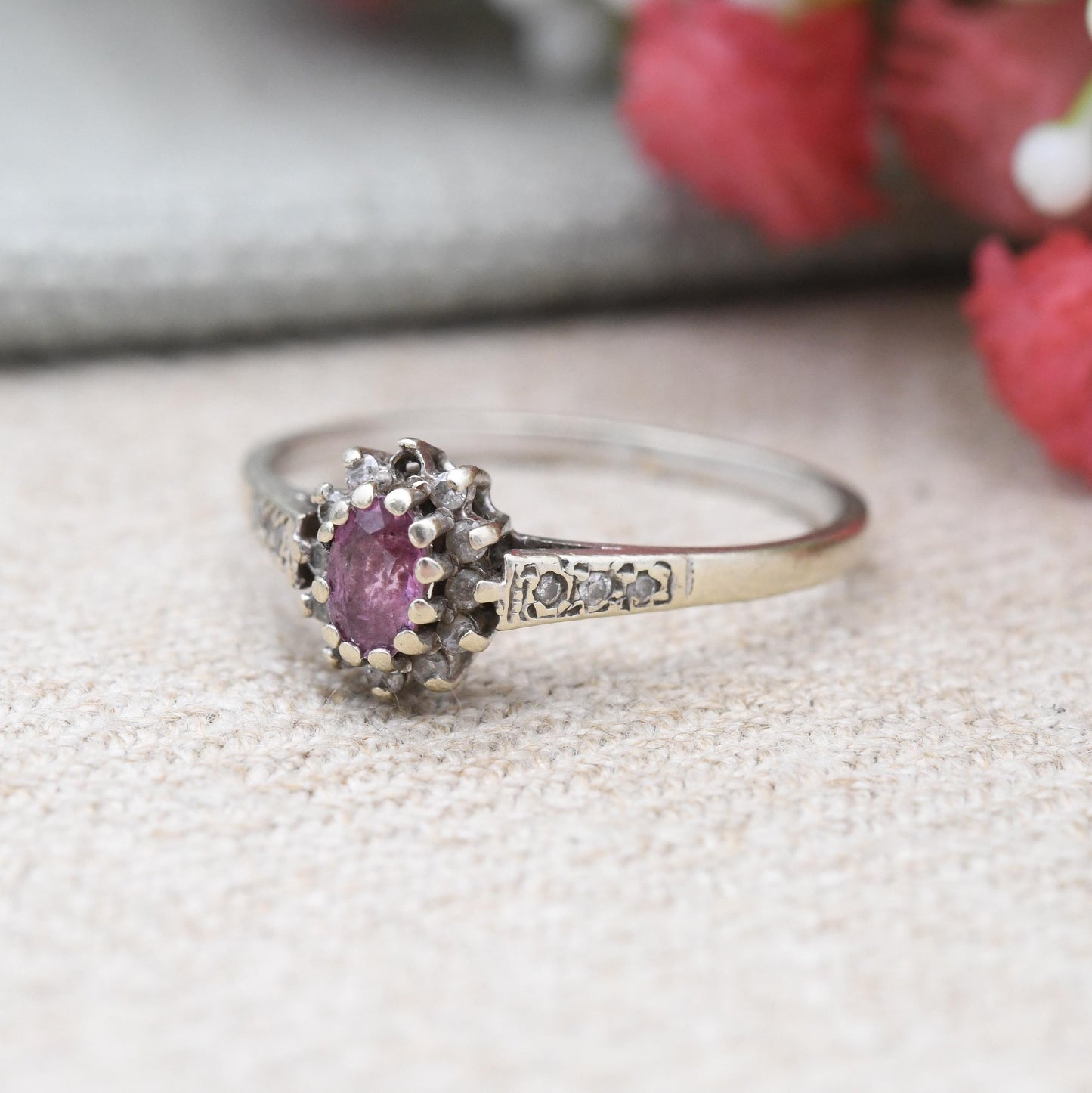 Vintage 9ct Gold Ruby and Diamond Halo Ring Slade and Kempton S&K c. 1980s - Pink Stone Gold Jewellery | UK Size - P | US Size - 7 3/4