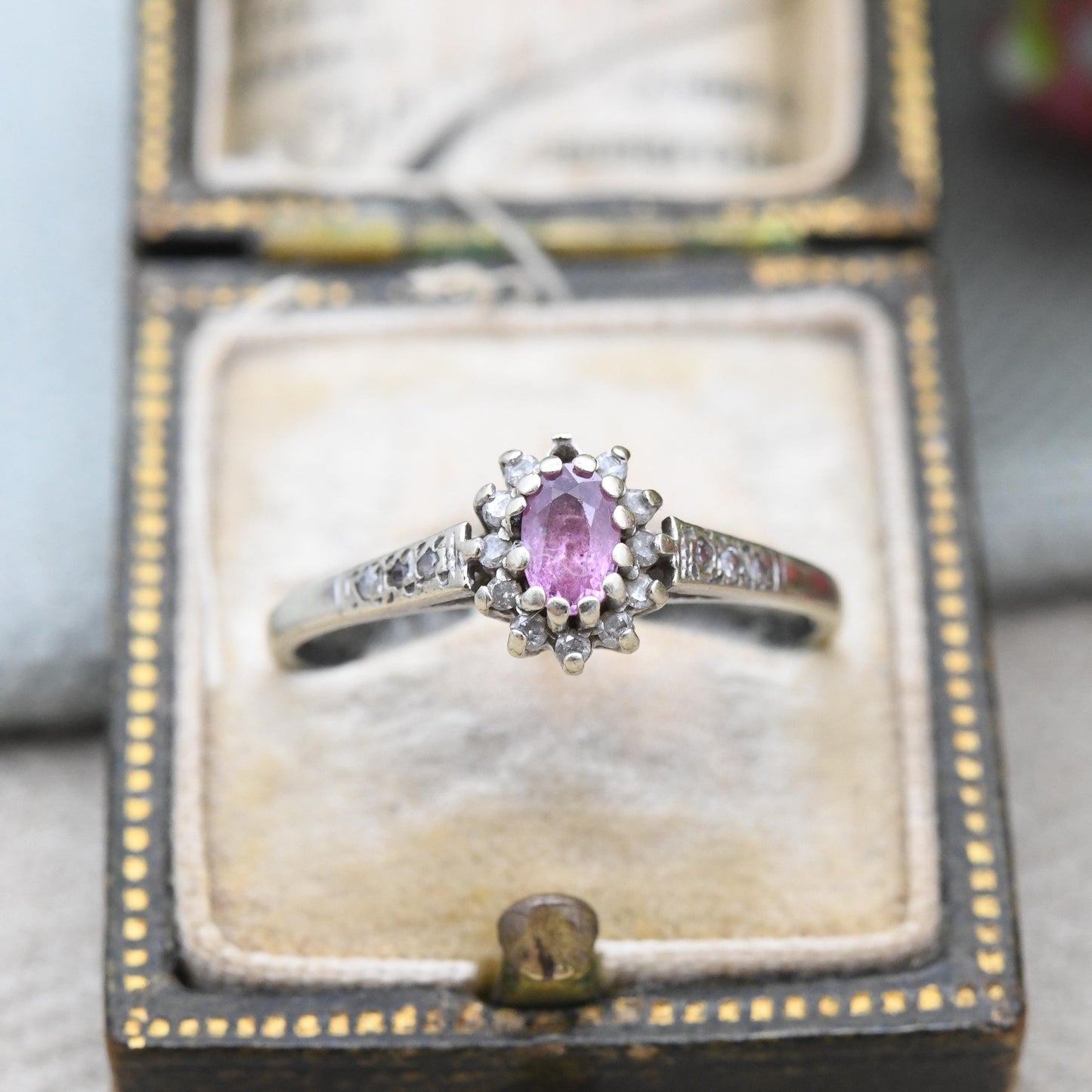 Vintage 9ct Gold Ruby and Diamond Halo Ring Slade and Kempton S&K c. 1980s - Pink Stone Gold Jewellery | UK Size - P | US Size - 7 3/4