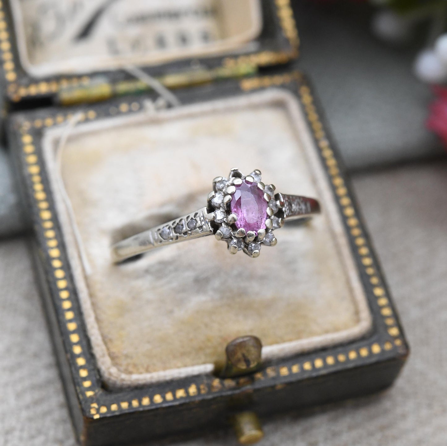 Vintage 9ct Gold Ruby and Diamond Halo Ring Slade and Kempton S&K c. 1980s - Pink Stone Gold Jewellery | UK Size - P | US Size - 7 3/4