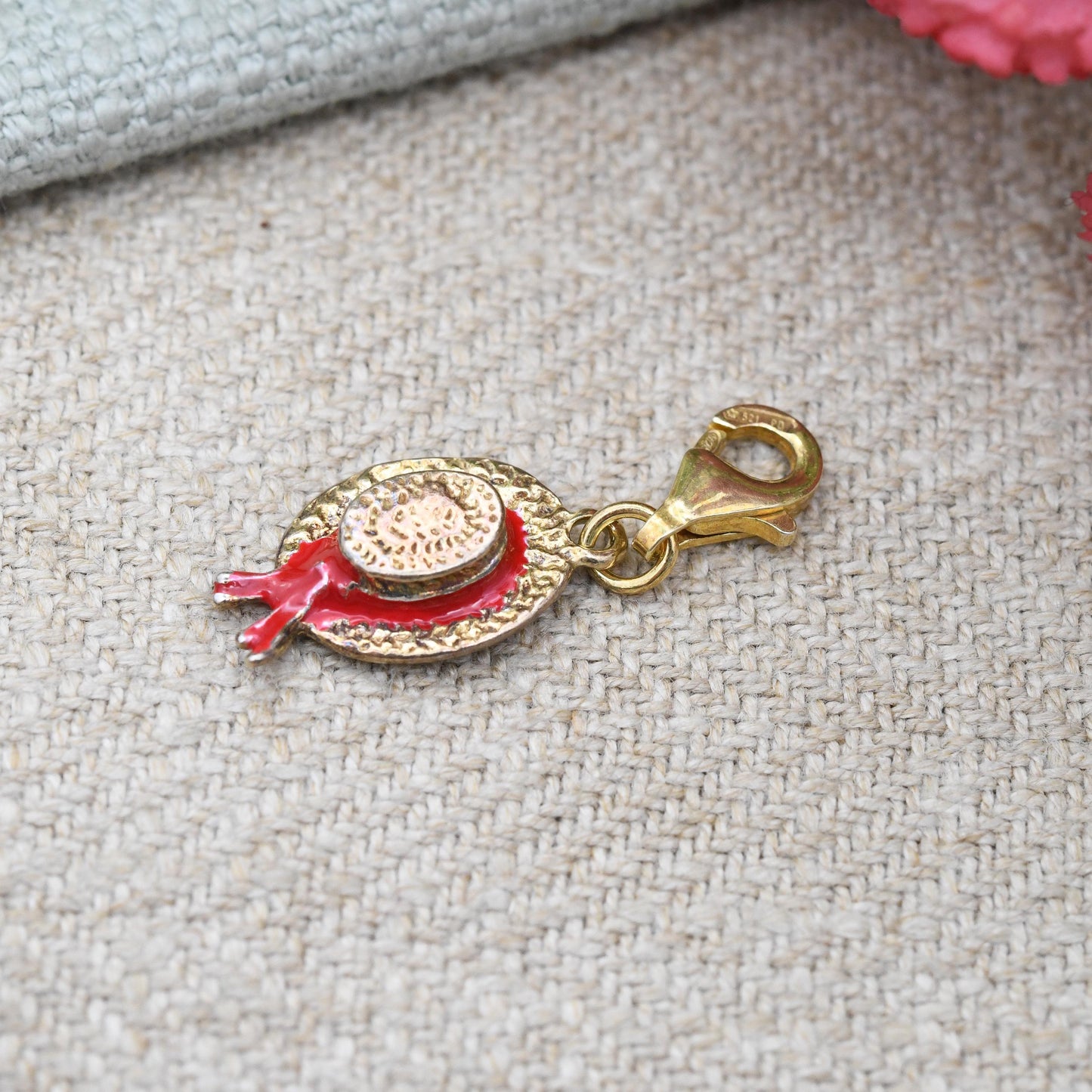 Vintage Sterling Silver Straw Hat Charm with Red Enamel Ribbon Lobster Clasp - Gold Plated Silver Charm | Countryside Theme Rural Pendant