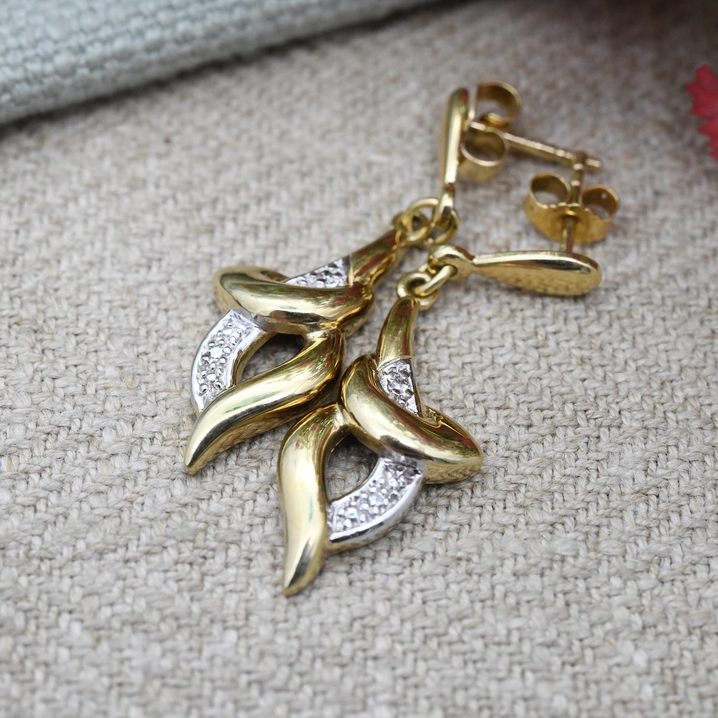 Vintage 9ct Gold and Diamond Drop Earrings - Two Tone Delicate Yellow Gold Stud Dangle Earrings with Butterfly Backs | Sculptural Design
