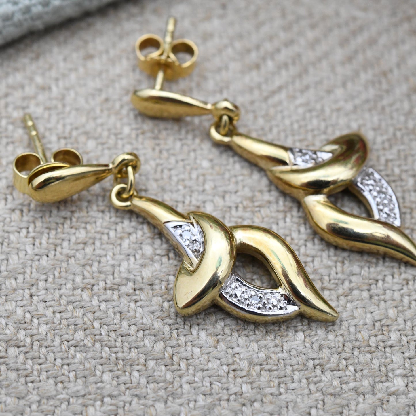 Vintage 9ct Gold and Diamond Drop Earrings - Two Tone Delicate Yellow Gold Stud Dangle Earrings with Butterfly Backs | Sculptural Design