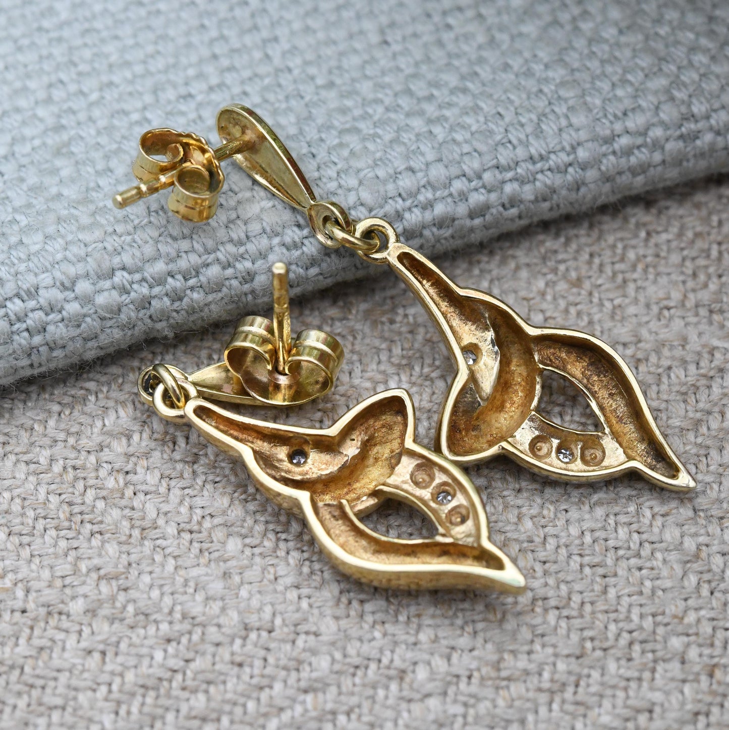 Vintage 9ct Gold and Diamond Drop Earrings - Two Tone Delicate Yellow Gold Stud Dangle Earrings with Butterfly Backs | Sculptural Design