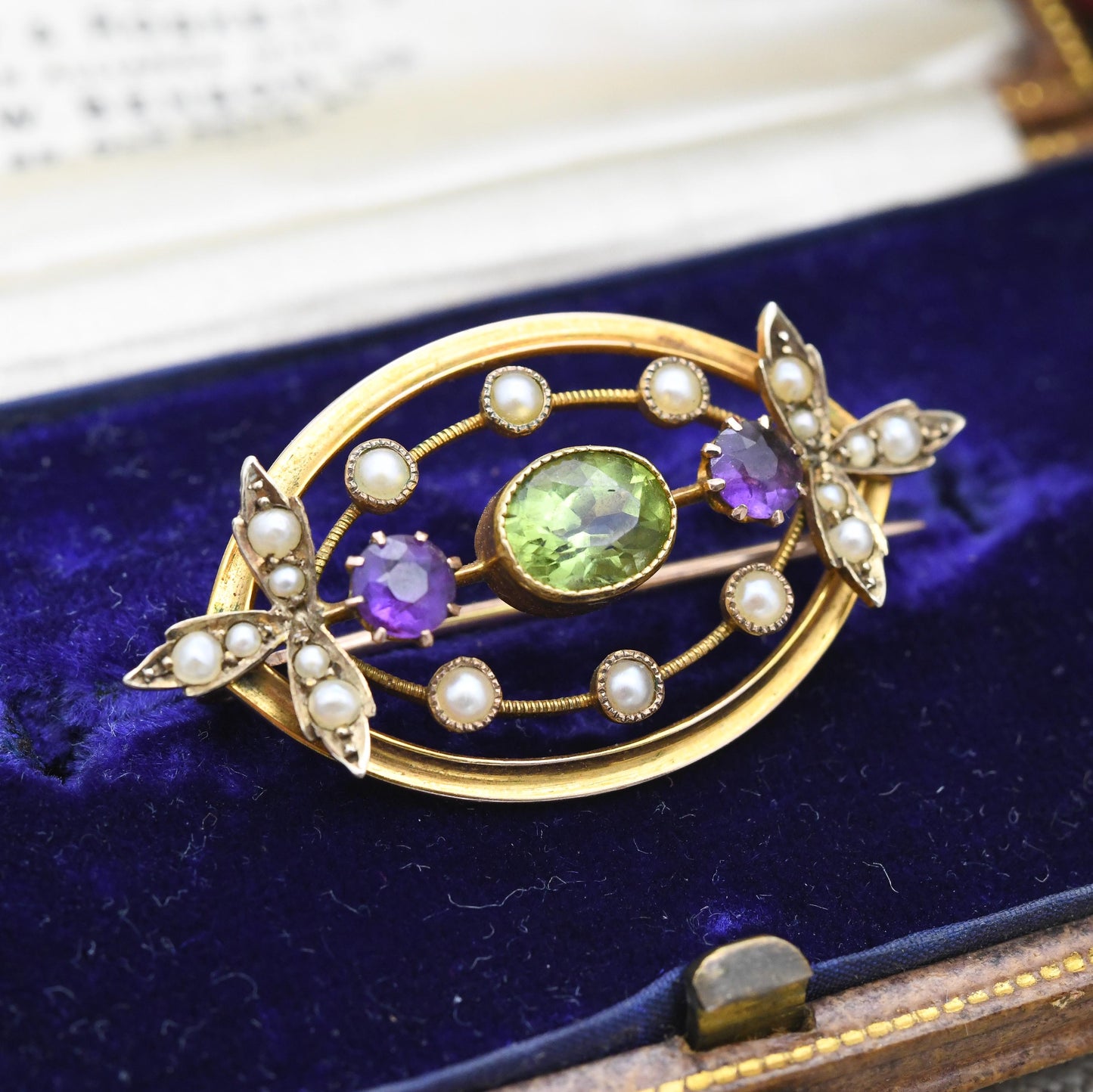 Antique 9ct Gold Suffragette Gemstone Brooch with Peridot Amethyst Pearl c. 1910s Edwardian - Milgrain Detail | Votes for Women Jewellery