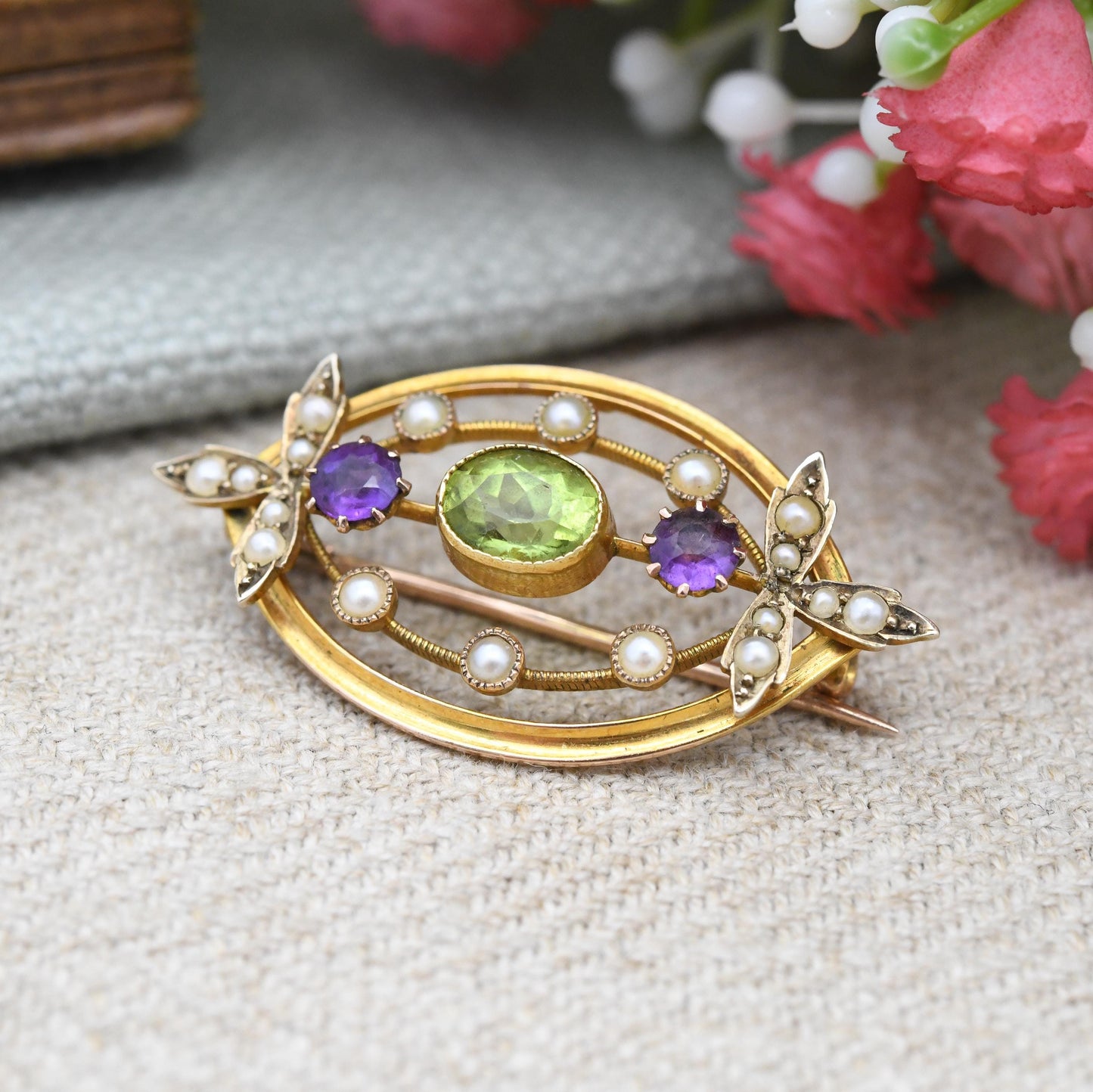 Antique 9ct Gold Suffragette Gemstone Brooch with Peridot Amethyst Pearl c. 1910s Edwardian - Milgrain Detail | Votes for Women Jewellery