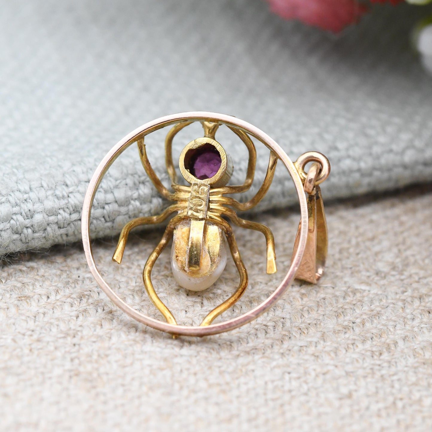 Antique 9ct Gold Spider Pendant with Amethyst and Pearl Body c. 1910s Edwardian - Pretty Insect Charm for Necklace | Gold Jewellery Gift
