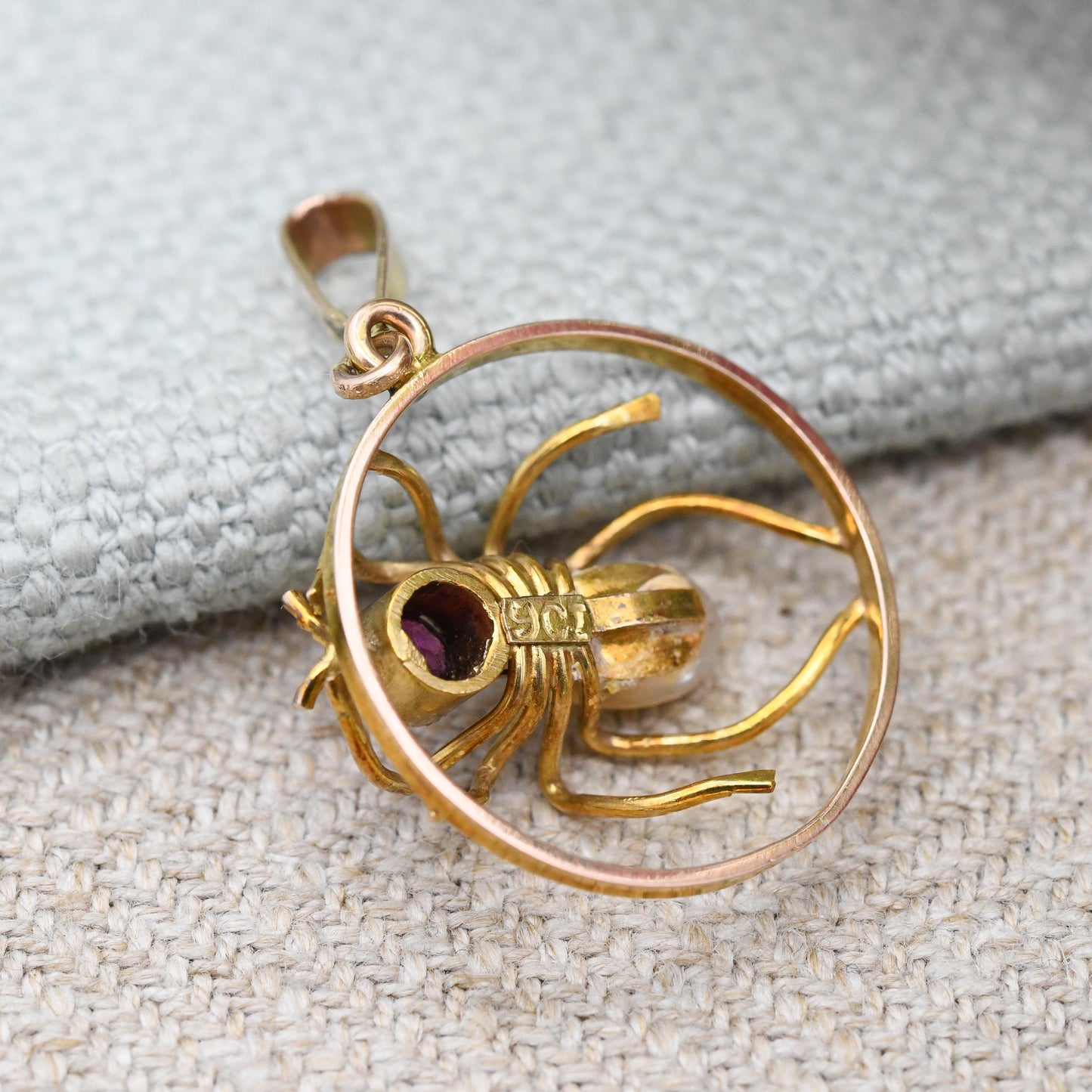 Antique 9ct Gold Spider Pendant with Amethyst and Pearl Body c. 1910s Edwardian - Pretty Insect Charm for Necklace | Gold Jewellery Gift