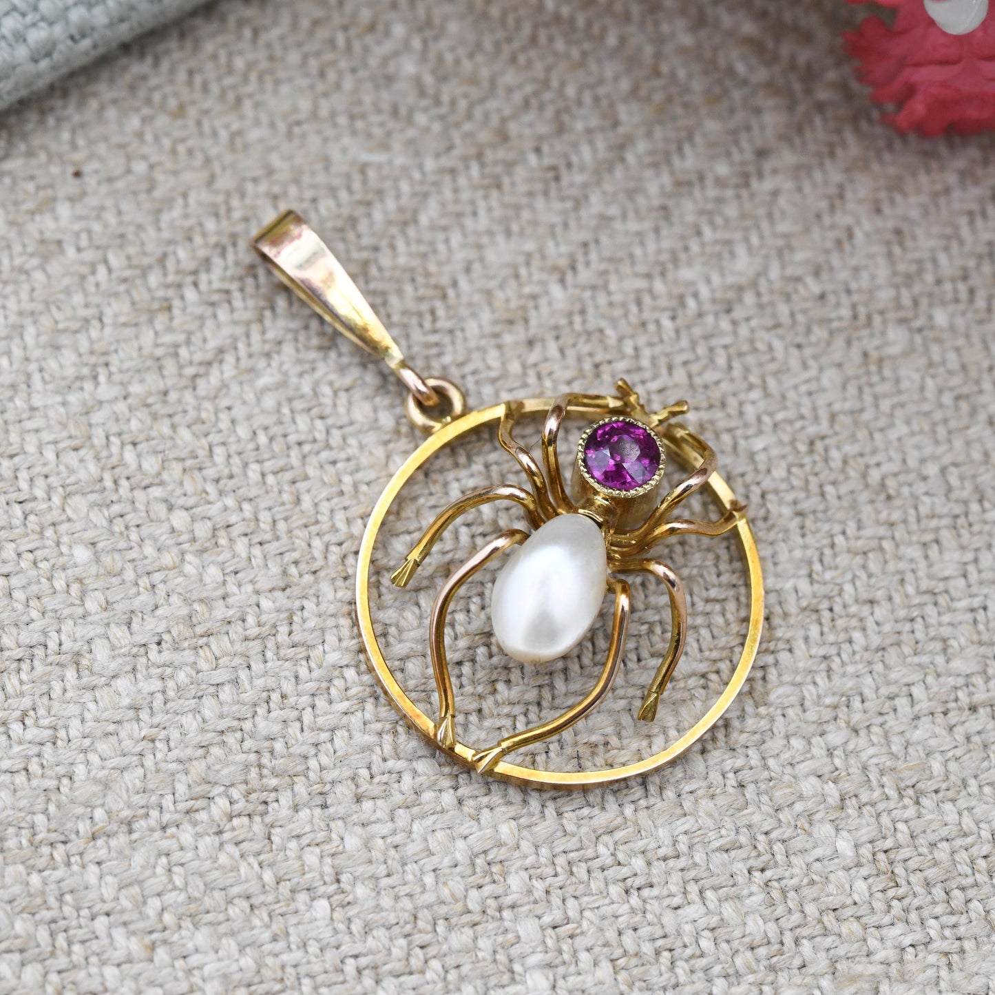 Antique 9ct Gold Spider Pendant with Amethyst and Pearl Body c. 1910s Edwardian - Pretty Insect Charm for Necklace | Gold Jewellery Gift