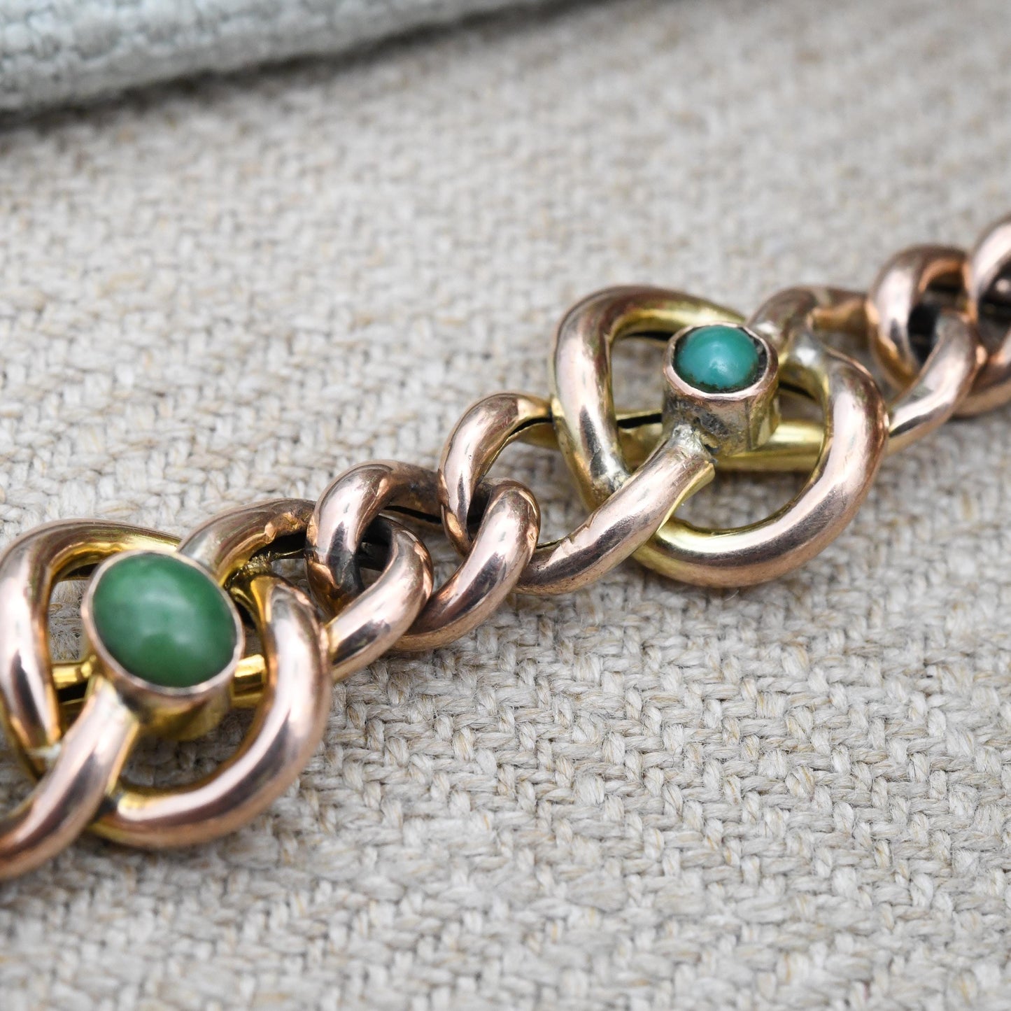 Antique Victorian 9ct Gold Turquoise Bracelet Quatrefoil Knot and Curb Link Design - Oval and Round Cabochon Gemstones | Celtic Knot Symbol