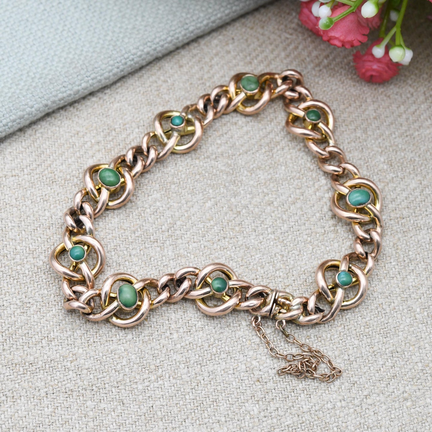 Antique Victorian 9ct Gold Turquoise Bracelet Quatrefoil Knot and Curb Link Design - Oval and Round Cabochon Gemstones | Celtic Knot Symbol