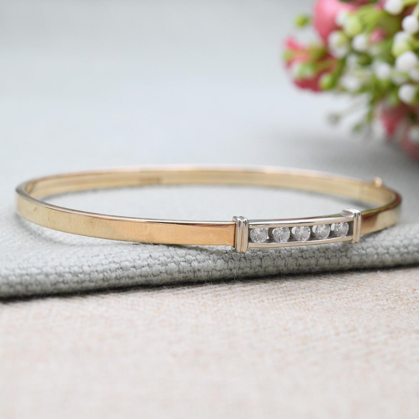 Vintage 9ct Gold CZ Bangle Bracelet KMS 9K - Minimal Clear Five Stone Design | Two Tone Yellow Gold White Gold | Solid Gold Jewellery Gift