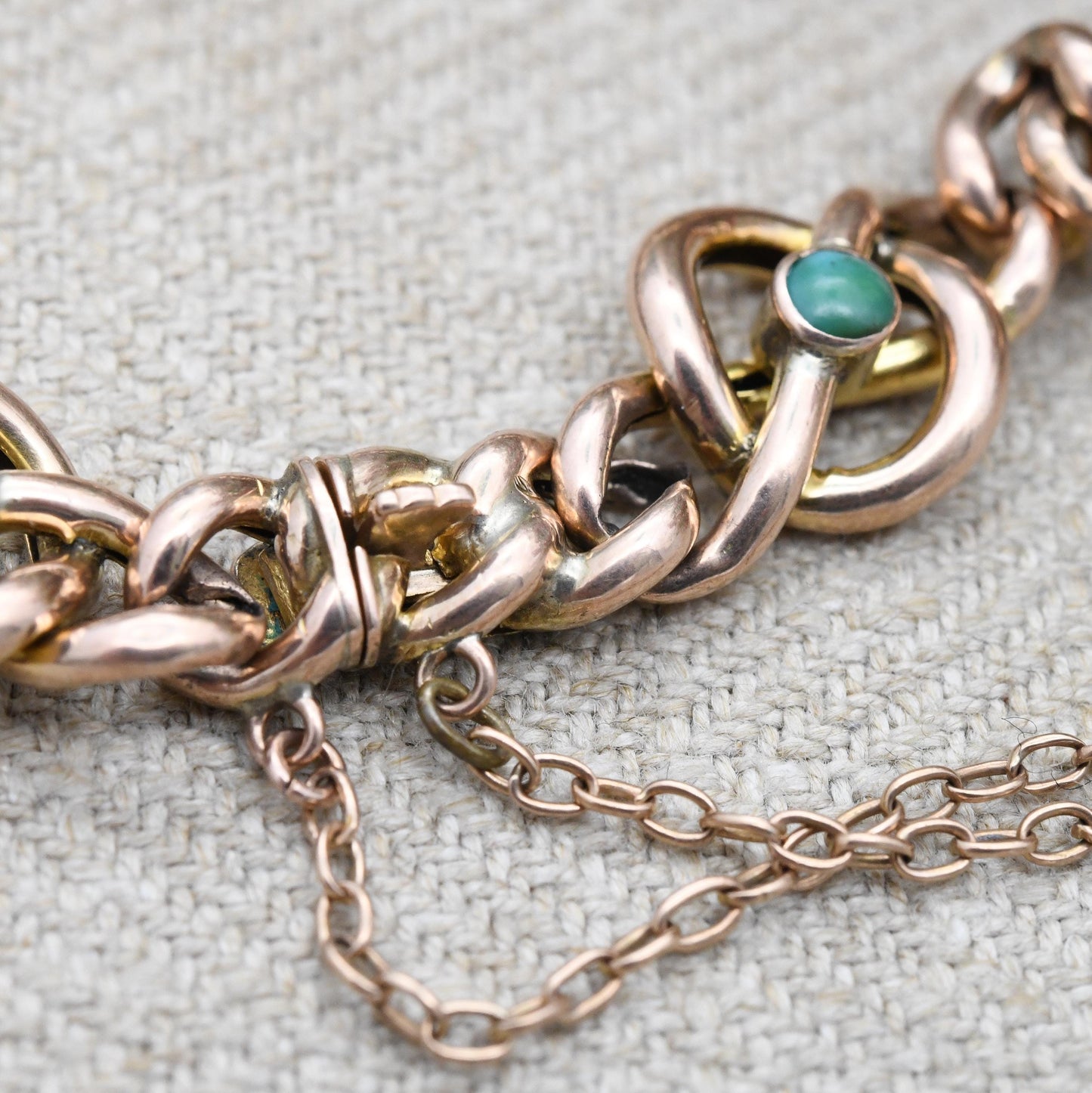Antique Victorian 9ct Gold Turquoise Bracelet Quatrefoil Knot and Curb Link Design - Oval and Round Cabochon Gemstones | Celtic Knot Symbol
