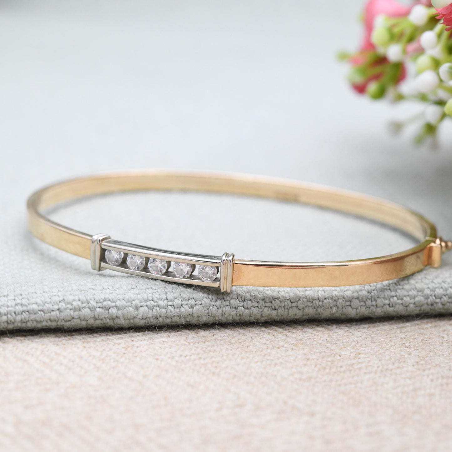 Vintage 9ct Gold CZ Bangle Bracelet KMS 9K - Minimal Clear Five Stone Design | Two Tone Yellow Gold White Gold | Solid Gold Jewellery Gift