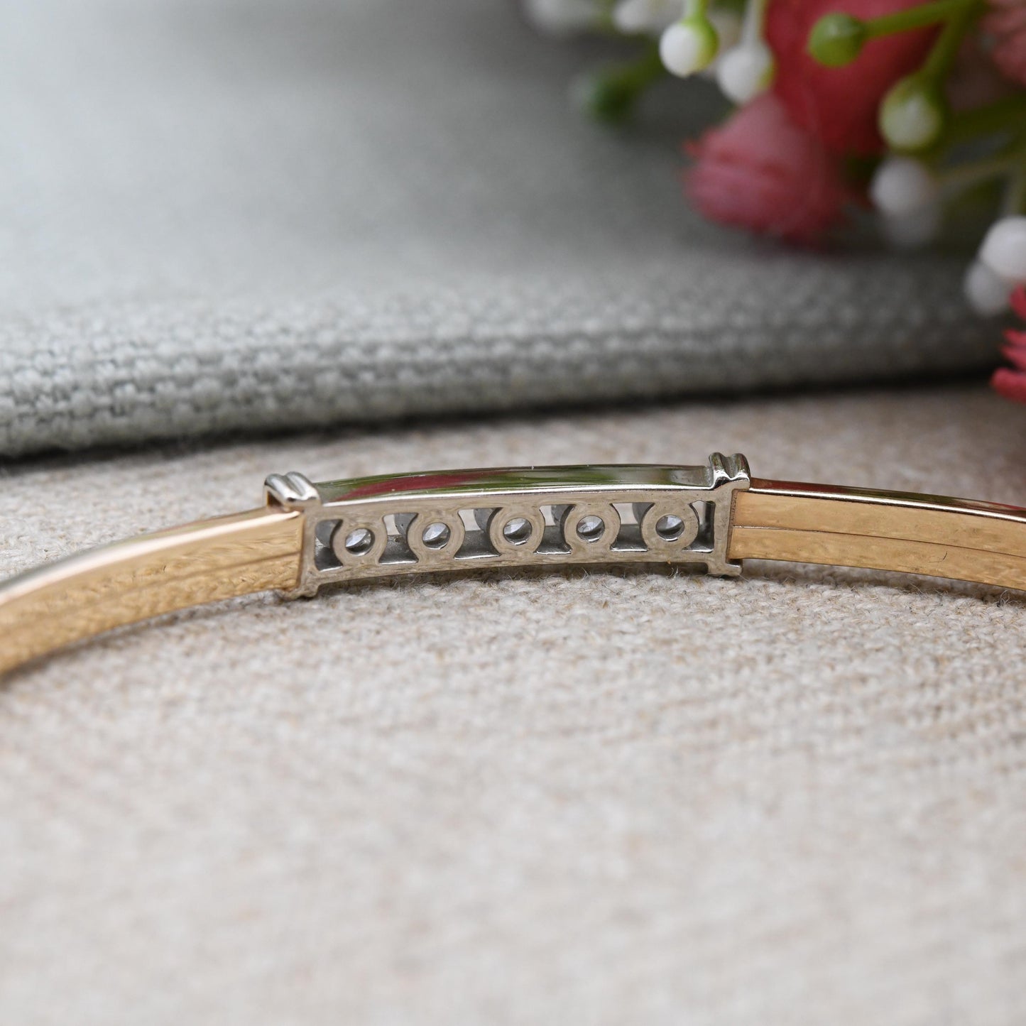 Vintage 9ct Gold CZ Bangle Bracelet KMS 9K - Minimal Clear Five Stone Design | Two Tone Yellow Gold White Gold | Solid Gold Jewellery Gift
