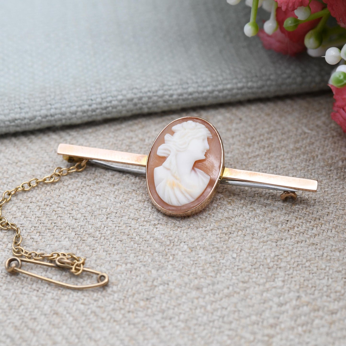 Antique 9ct Gold Cameo Brooch Hand Carved Shell Portrait c. 1920s - Classical Woman's Face Bust | Rose Gold Jewellery Pretty Gift for Her