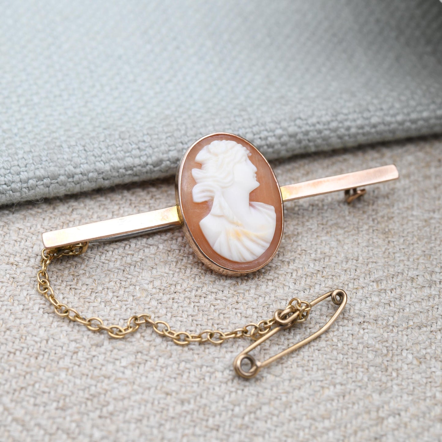 Antique 9ct Gold Cameo Brooch Hand Carved Shell Portrait c. 1920s - Classical Woman's Face Bust | Rose Gold Jewellery Pretty Gift for Her