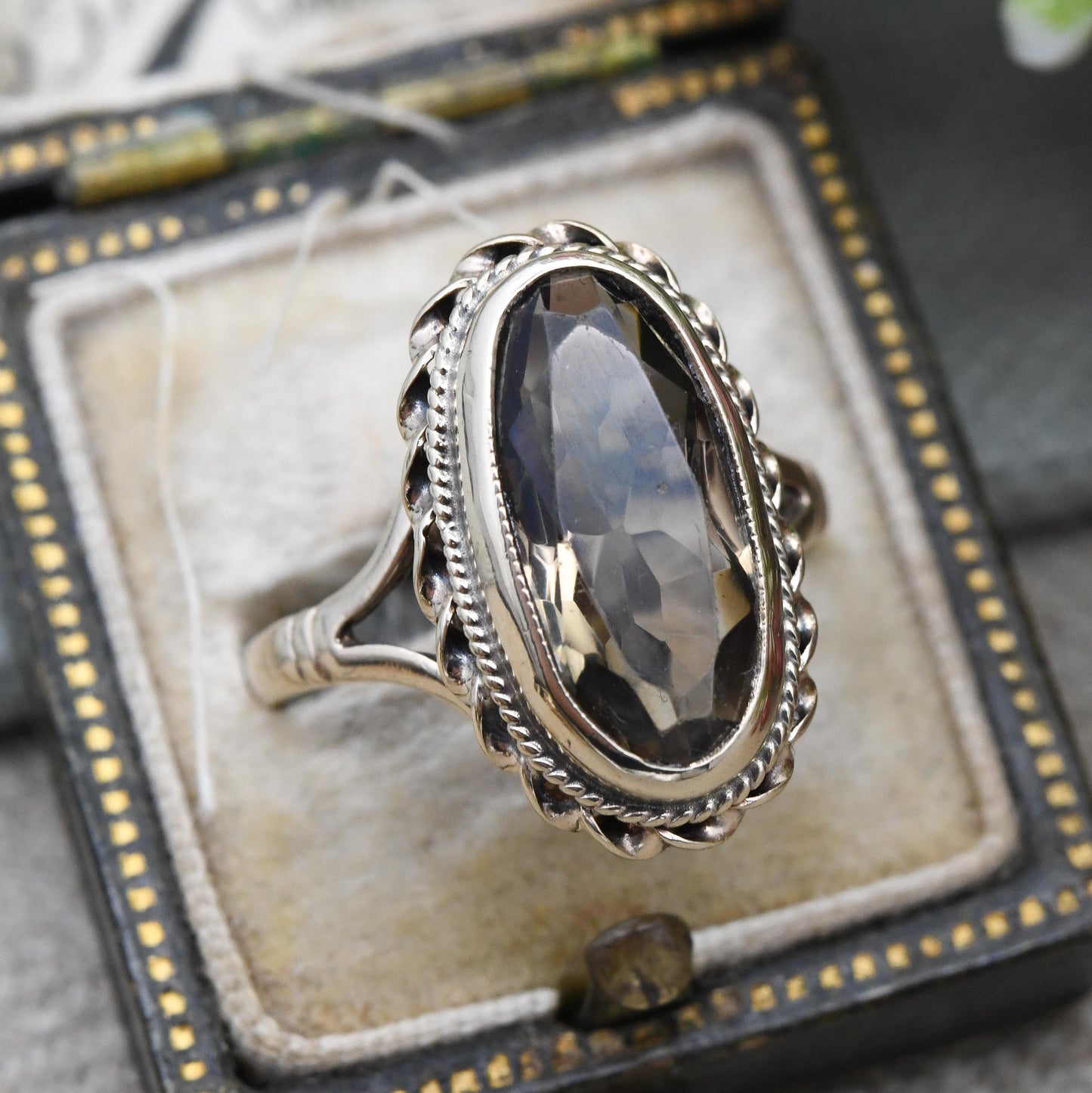 Vintage 9ct Gold Ring Smoky Quartz Statement Ring 1976 Lister and Wright L&W - Mid-Century Large Gemstone | UK Size - N 1/2 | US Size - 7