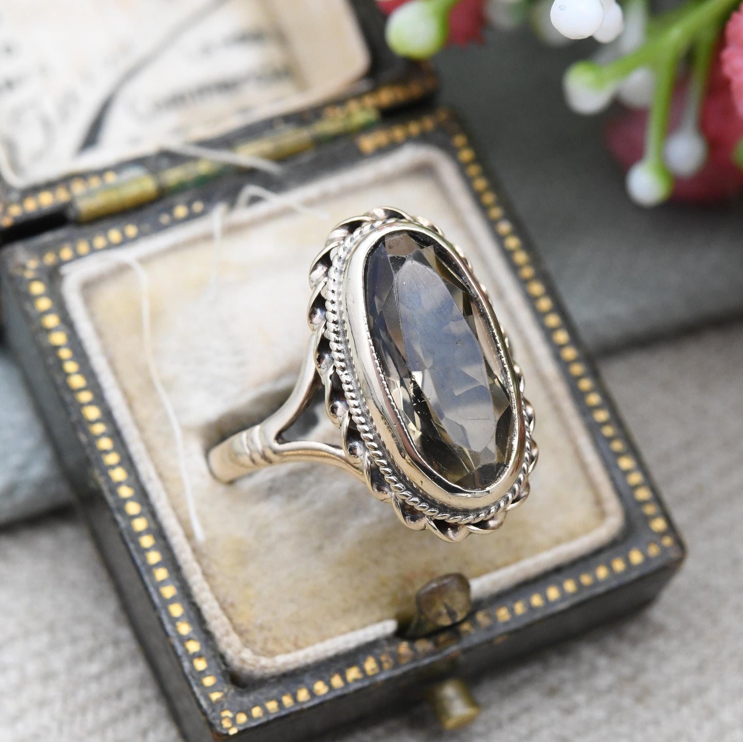 Vintage 9ct Gold Ring Smoky Quartz Statement Ring 1976 Lister and Wright L&W - Mid-Century Large Gemstone | UK Size - N 1/2 | US Size - 7