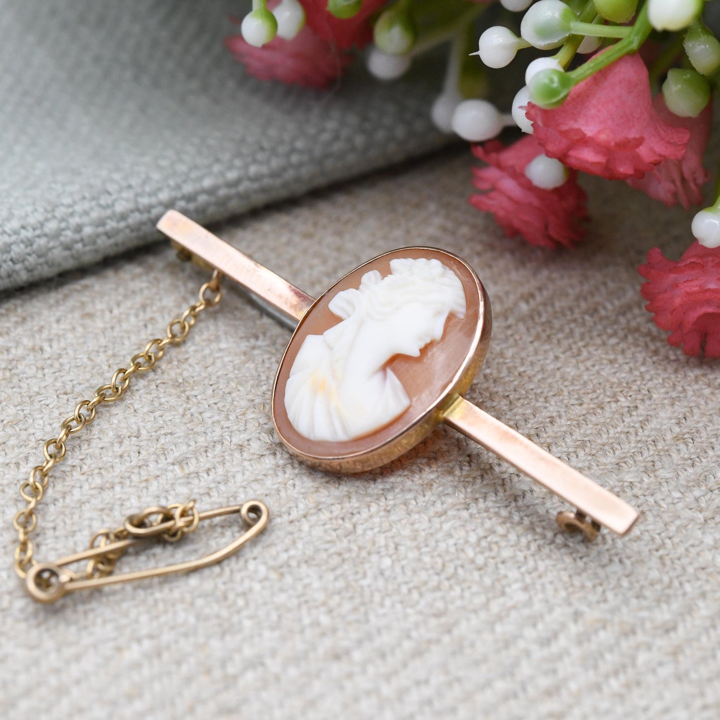 Antique 9ct Gold Cameo Brooch Hand Carved Shell Portrait c. 1920s - Classical Woman's Face Bust | Rose Gold Jewellery Pretty Gift for Her