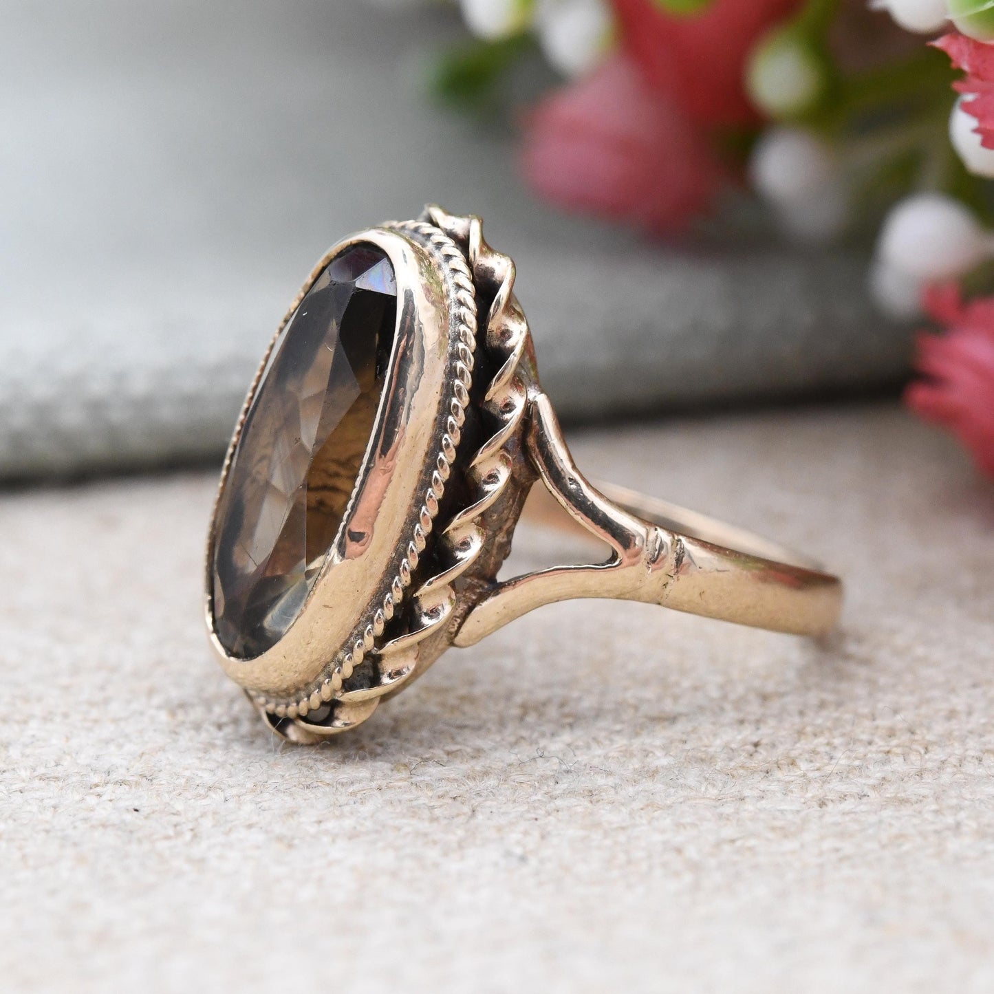 Vintage 9ct Gold Ring Smoky Quartz Statement Ring 1976 Lister and Wright L&W - Mid-Century Large Gemstone | UK Size - N 1/2 | US Size - 7