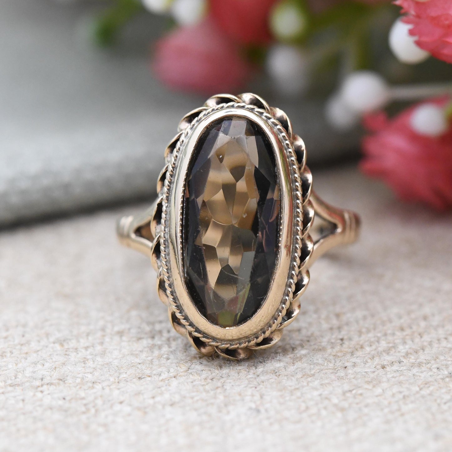 Vintage 9ct Gold Ring Smoky Quartz Statement Ring 1976 Lister and Wright L&W - Mid-Century Large Gemstone | UK Size - N 1/2 | US Size - 7