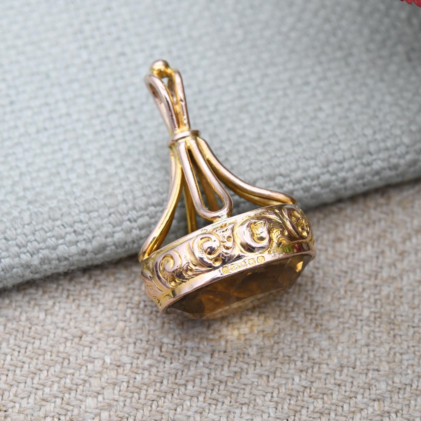 Antique 9ct Gold Fob Pendant with Citrine Gemstone 1923 CS - Embossed Floral Scrolling Pattern Large Yellow Gemstone Ornate Pretty Necklace
