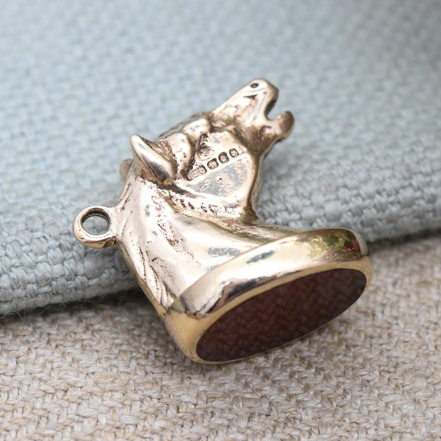 Vintage 9ct Gold Fob Pendant Horse Head with Carnelian c. 1950s - Gemstone Watch Fob Pendant | Antique Style | Chess Knight Charm Jewellery