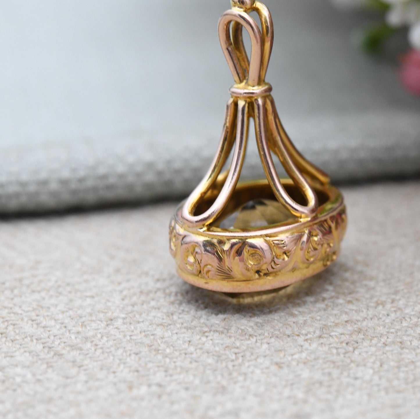 Antique 9ct Gold Fob Pendant with Citrine Gemstone 1923 CS - Embossed Floral Scrolling Pattern Large Yellow Gemstone Ornate Pretty Necklace