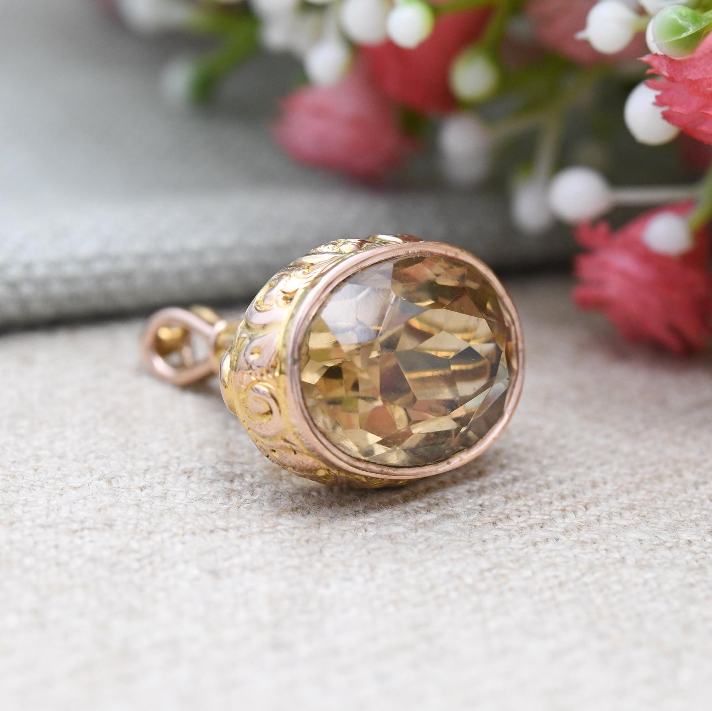 Antique 9ct Gold Fob Pendant with Citrine Gemstone 1923 CS - Embossed Floral Scrolling Pattern Large Yellow Gemstone Ornate Pretty Necklace