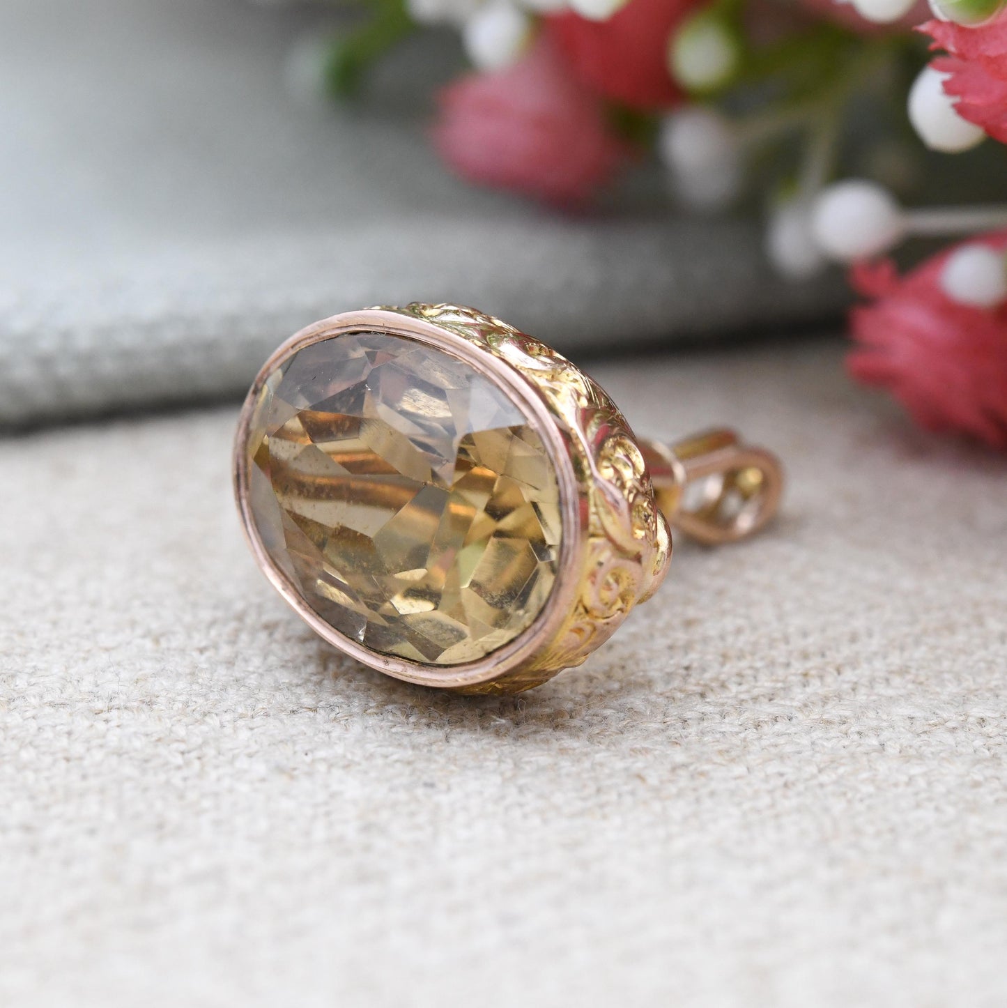 Antique 9ct Gold Fob Pendant with Citrine Gemstone 1923 CS - Embossed Floral Scrolling Pattern Large Yellow Gemstone Ornate Pretty Necklace