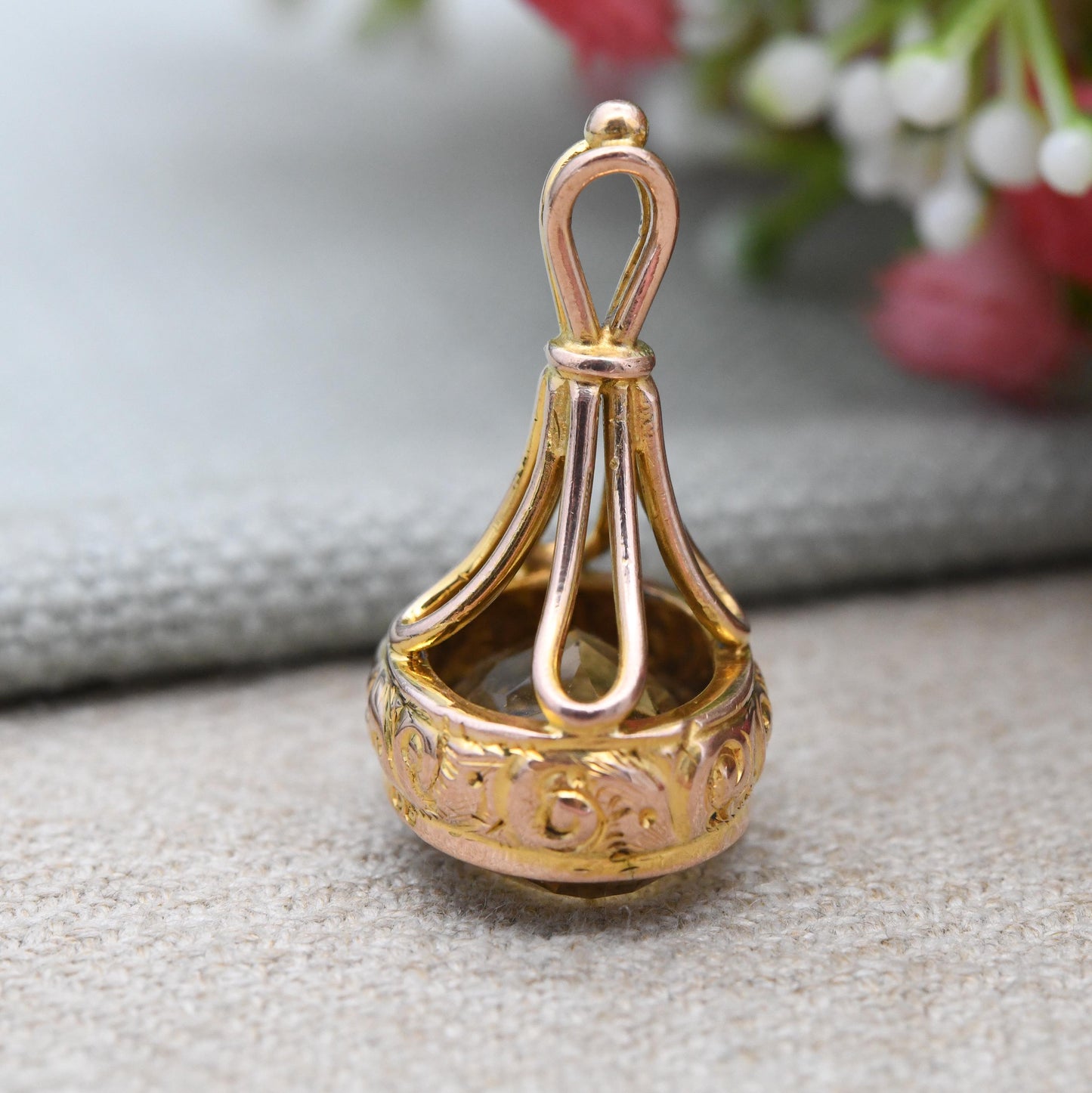Antique 9ct Gold Fob Pendant with Citrine Gemstone 1923 CS - Embossed Floral Scrolling Pattern Large Yellow Gemstone Ornate Pretty Necklace
