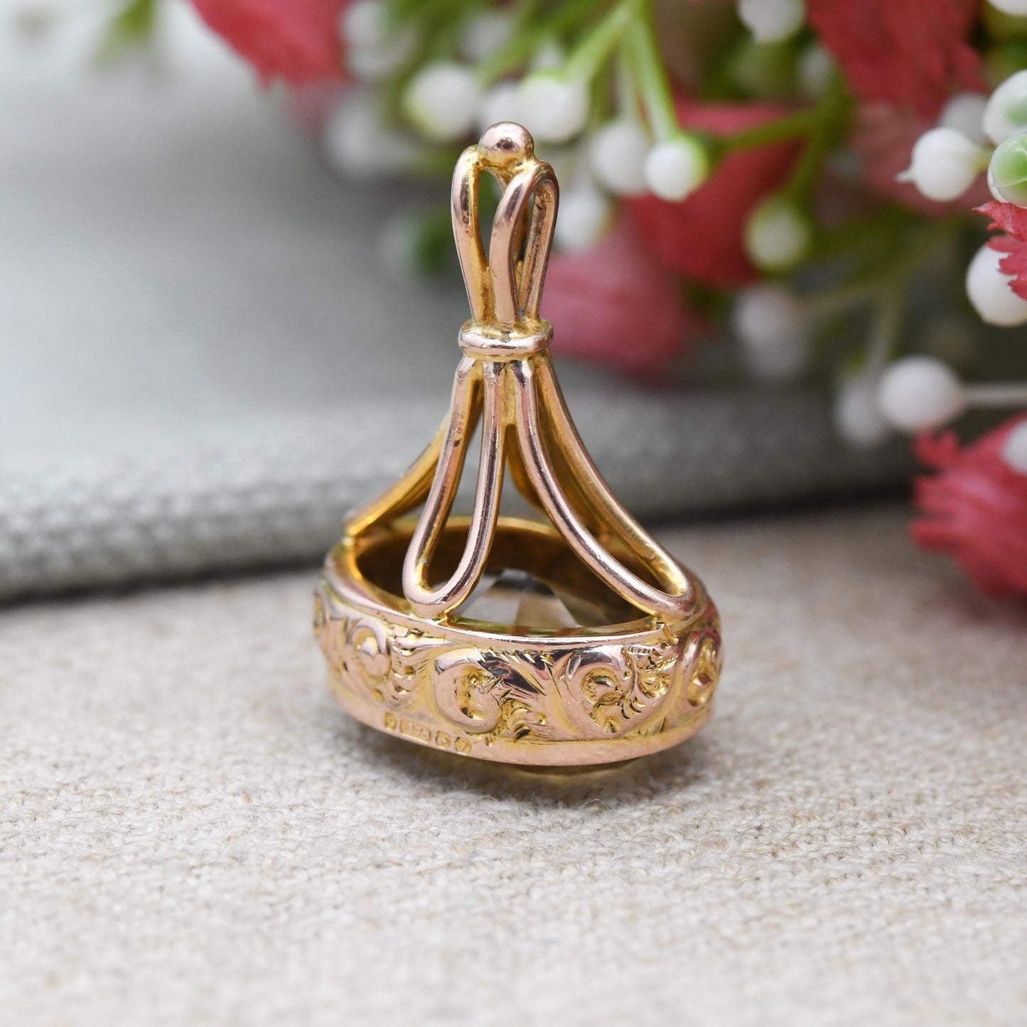 Antique 9ct Gold Fob Pendant with Citrine Gemstone 1923 CS - Embossed Floral Scrolling Pattern Large Yellow Gemstone Ornate Pretty Necklace